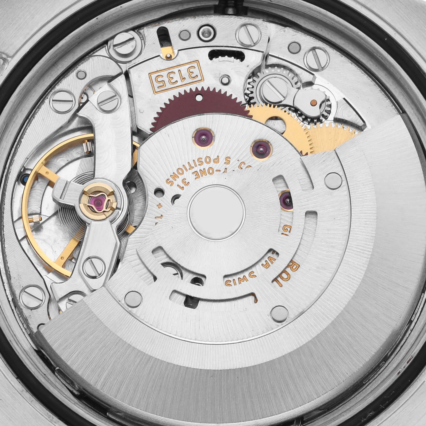 The image shows a close-up view of the internal movement mechanism of a Rolex Datejust 116233 Men's Steel and Gold (two tone) White Dial 116233 Men's Steel and Gold (two tone) White Dial watch.
