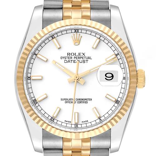 This Rolex Datejust watch is shown from a front angle, highlighting its white dial, gold fluted bezel, and stainless steel and gold bracelet.