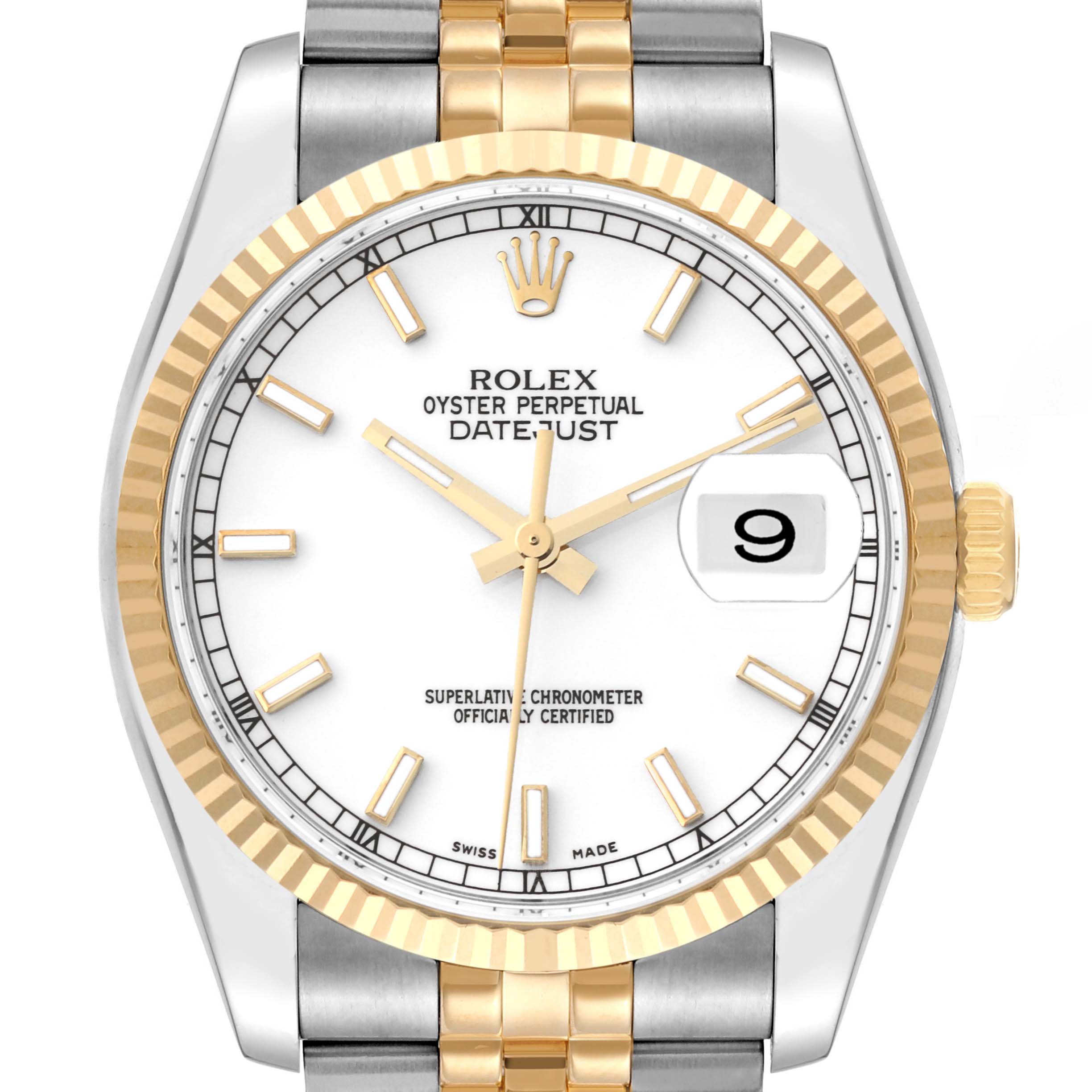 The Rolex Datejust 116233 Men's Steel and Gold (two tone) White Dial 116233 Men's Steel and Gold (two tone) White Dial watch is shown from the front, displaying the face, bezel, crown, and part of the bracelet.