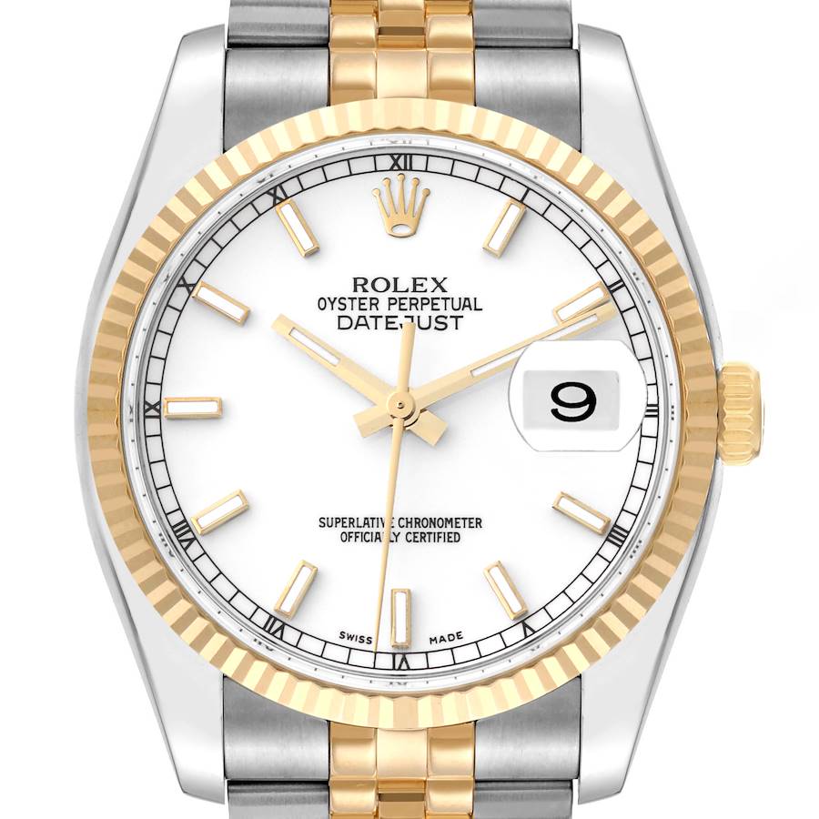 The Rolex Datejust watch is shown from the front, displaying the face, bezel, crown, and part of the bracelet.