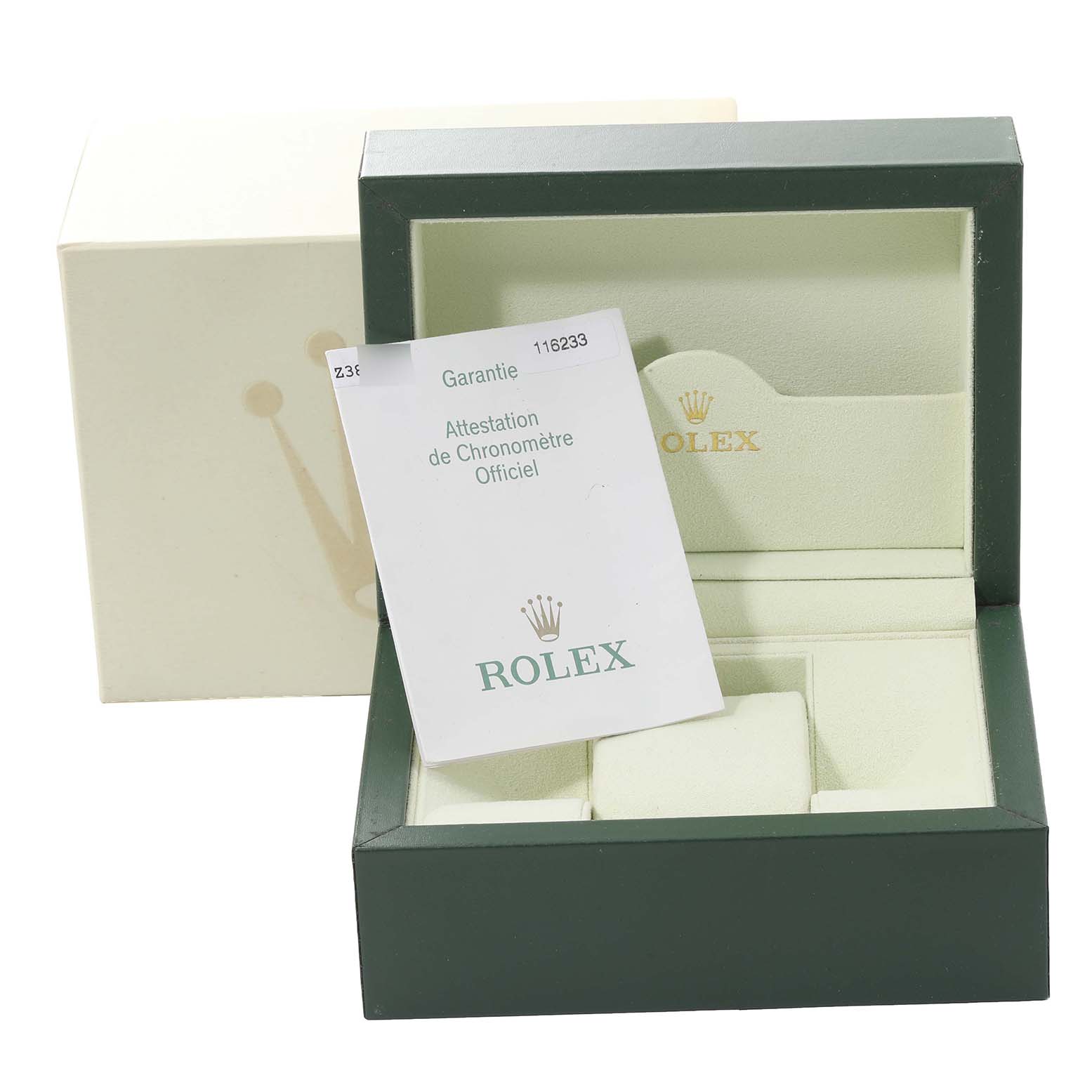 The image shows the open presentation box and warranty paperwork for a Rolex Datejust 116233 Men's Steel and Gold (two tone) White Dial 116233 Men's Steel and Gold (two tone) White Dial watch.