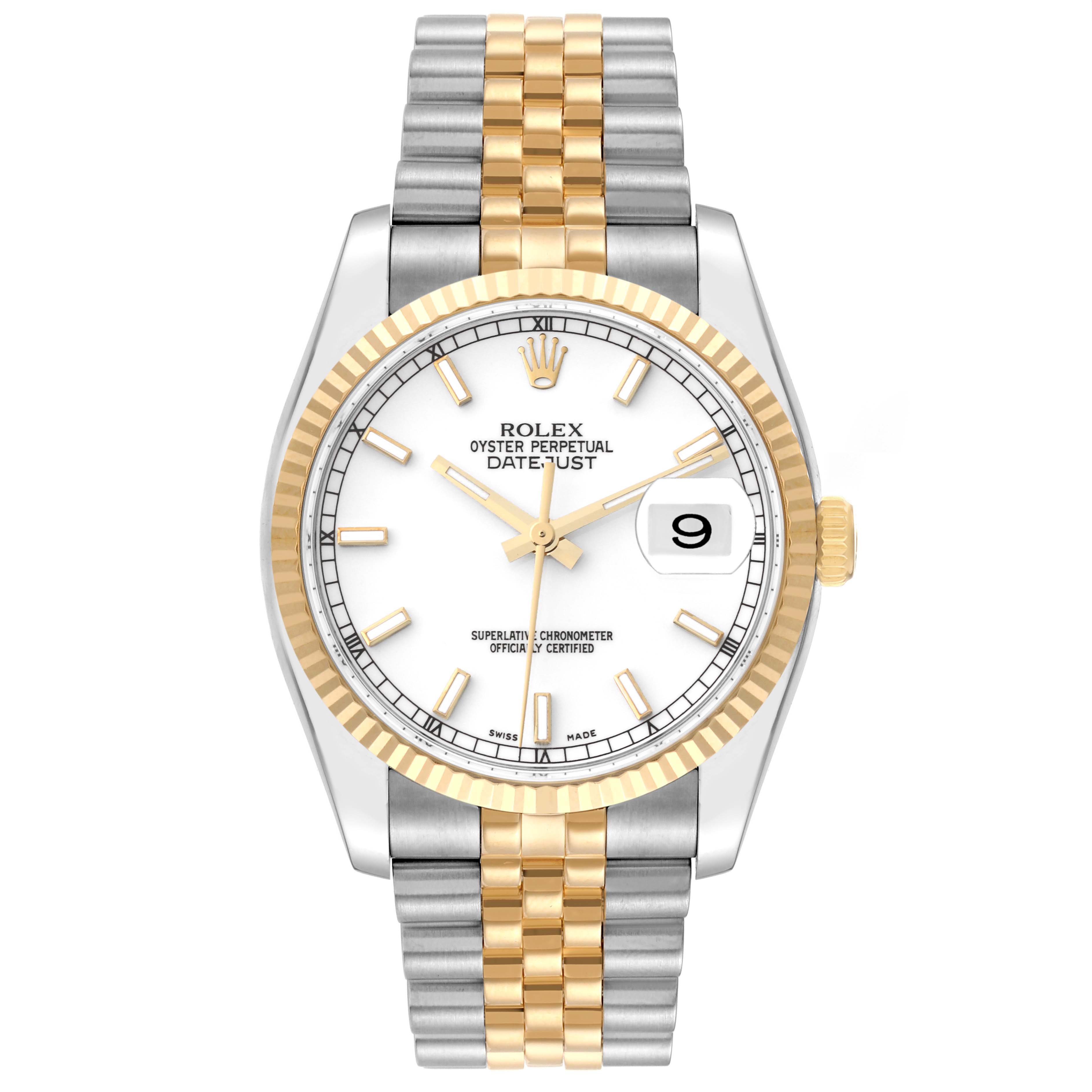 The Rolex Datejust 116233 Men's Steel and Gold (two tone) White Dial 116233 Men's Steel and Gold (two tone) White Dial watch is shown from the front angle, displaying the face, bezel, and two-tone metal bracelet.