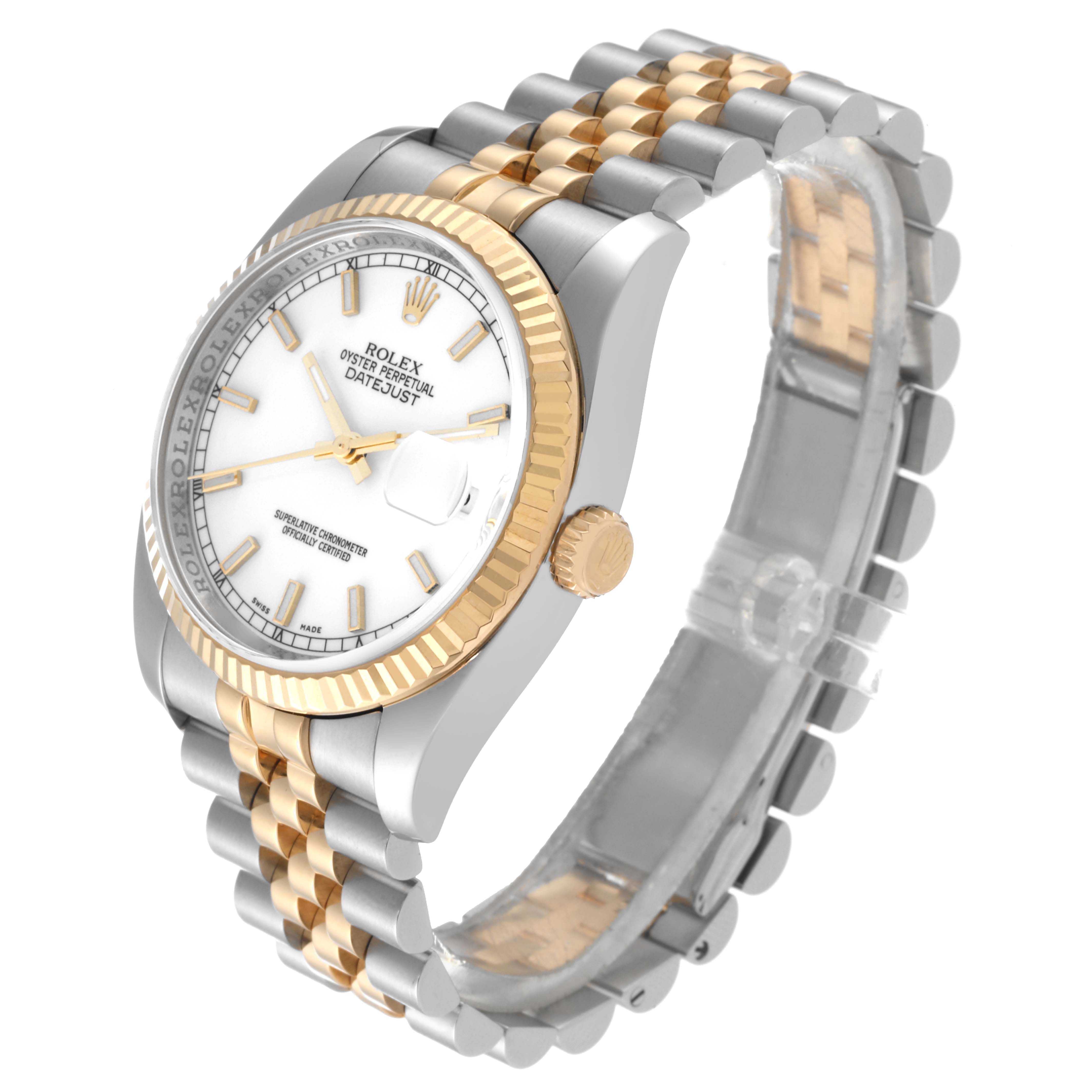 This image shows a Rolex Datejust 116233 Men's Steel and Gold (two tone) White Dial 116233 Men's Steel and Gold (two tone) White Dial watch at a three-quarter angle, displaying its dial, fluted bezel, and jubilee bracelet.