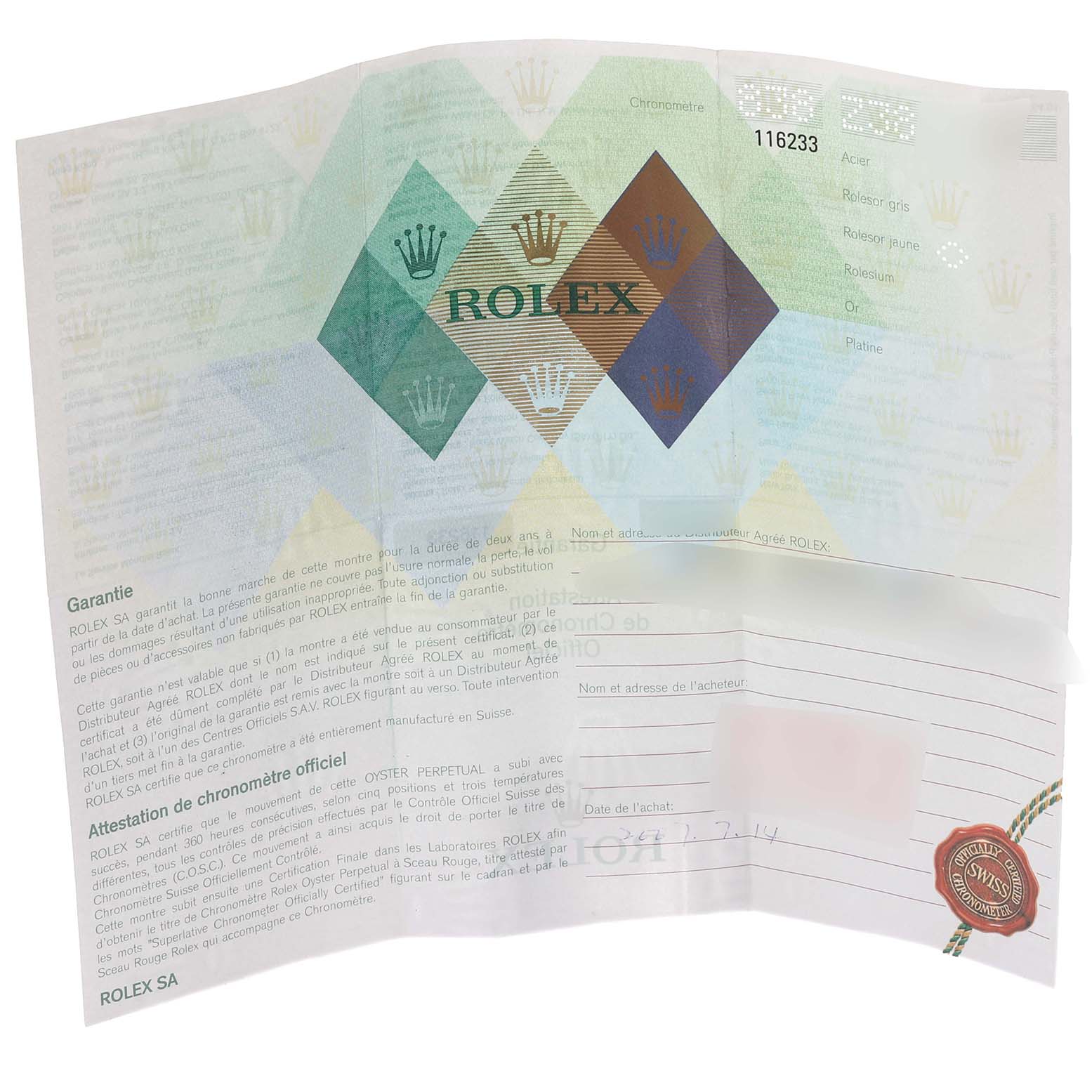 The image shows a warranty card and certificate of authenticity for a Rolex Datejust 116233 Men's Steel and Gold (two tone) White Dial 116233 Men's Steel and Gold (two tone) White Dial model watch.