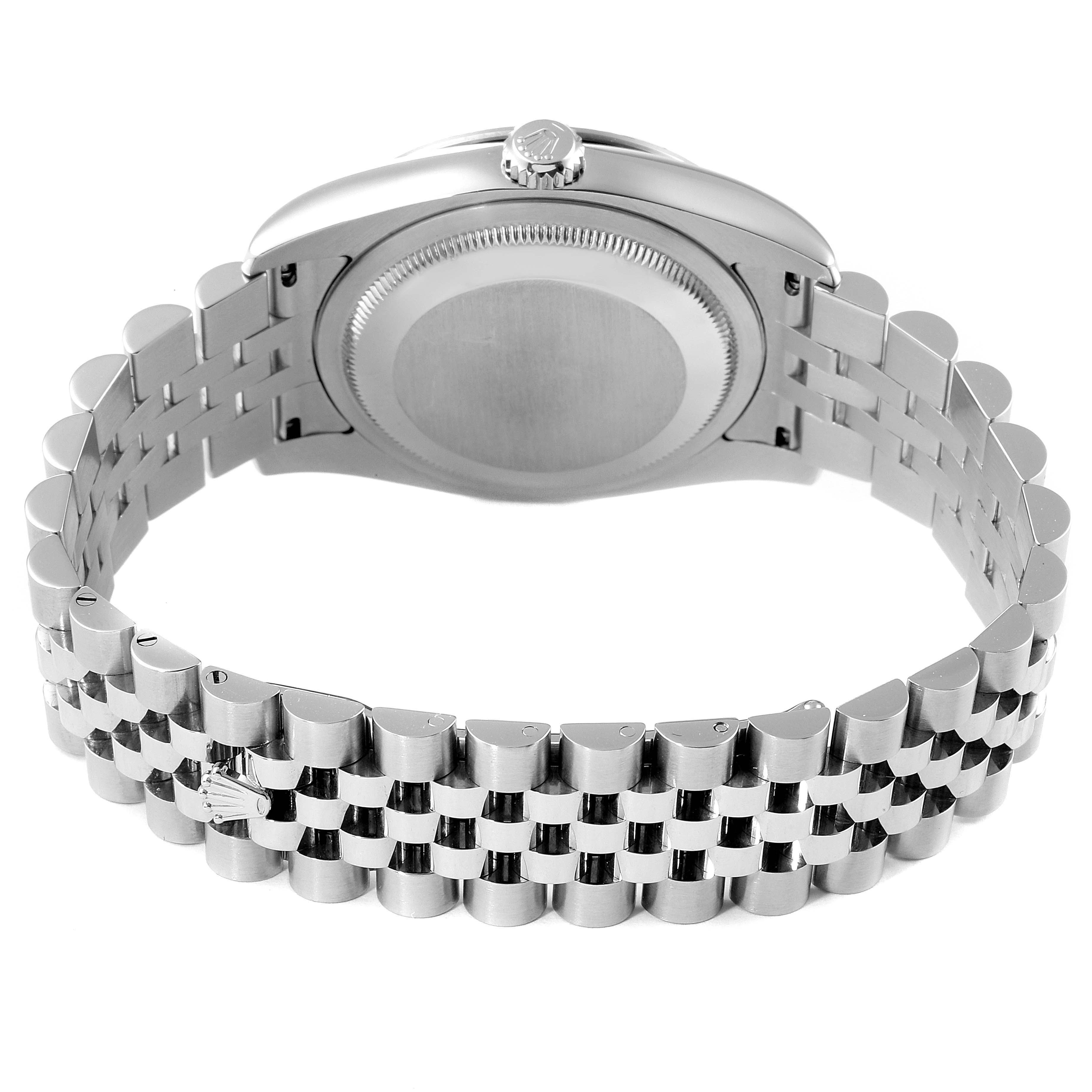 This image shows the back case and bracelet of a Rolex Turn-o-Graph 116264 Men
s Stainless Steel Black Dial 116264 Men
s Stainless Steel Black Dial watch at a downward angle.