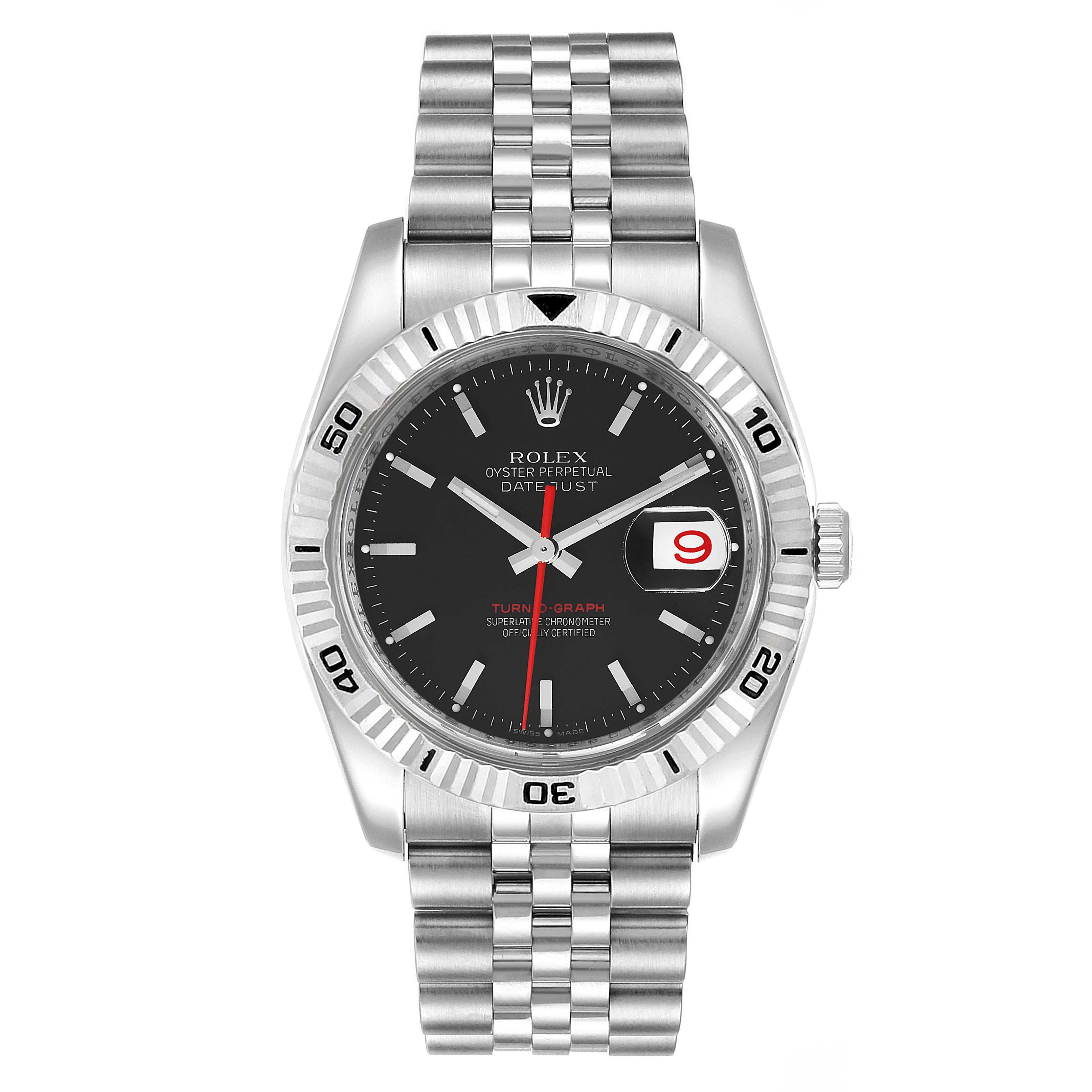 This image shows a front view of the Rolex Turn-o-Graph 116264 Men
s Stainless Steel Black Dial 116264 Men
s Stainless Steel Black Dial watch, displaying its dial, bezel, and stainless steel bracelet.