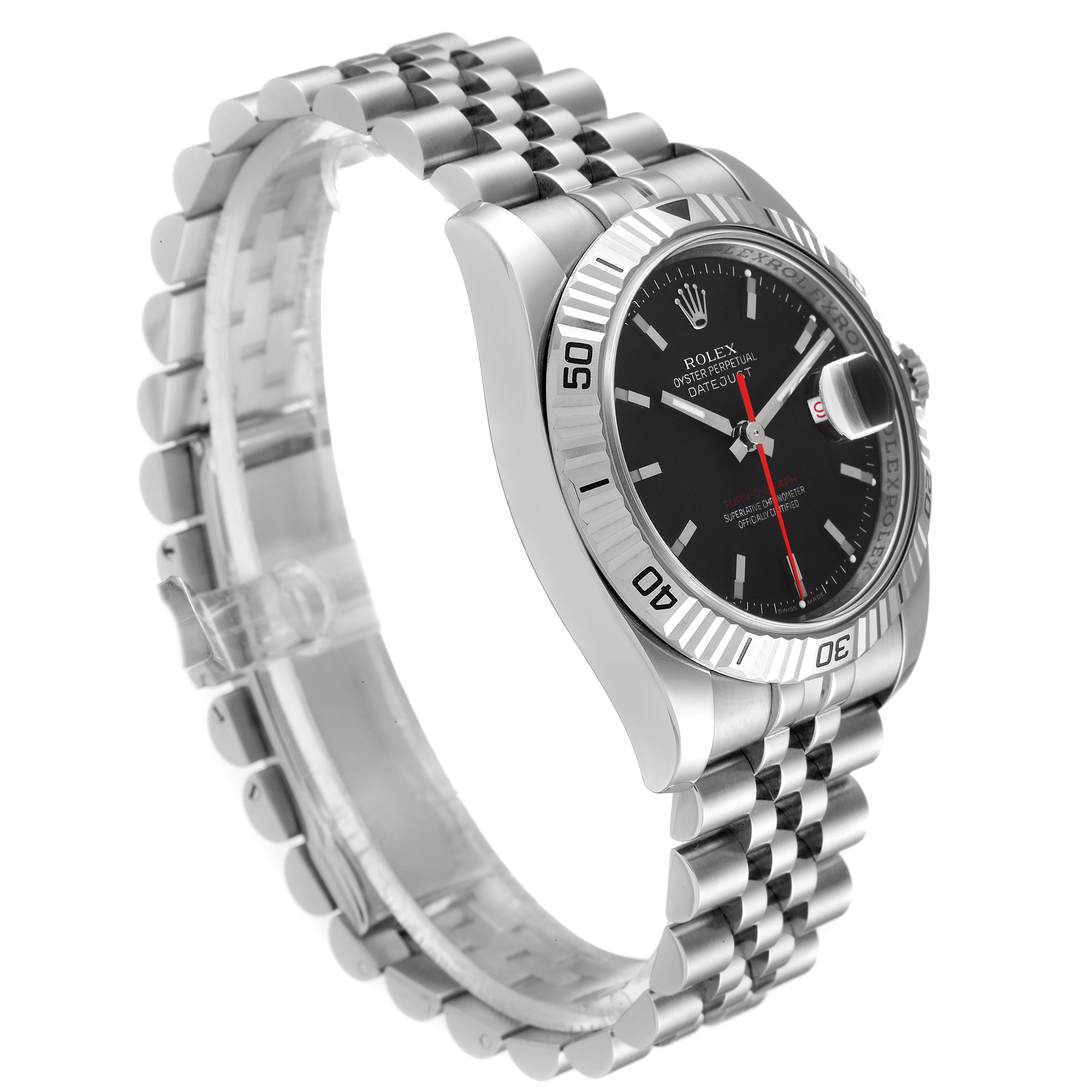 The image shows a side view of the Rolex Turn-o-Graph 116264 Men
s Stainless Steel Black Dial 116264 Men
s Stainless Steel Black Dial watch, highlighting the bracelet, bezel, and dial.