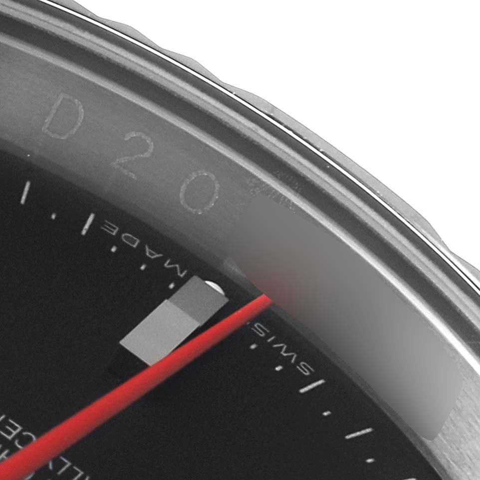 The image shows a close-up of the dial and bezel of a Rolex Turn-o-Graph 116264 Men
s Stainless Steel Black Dial 116264 Men
s Stainless Steel Black Dial watch, including part of the second hand and markers.