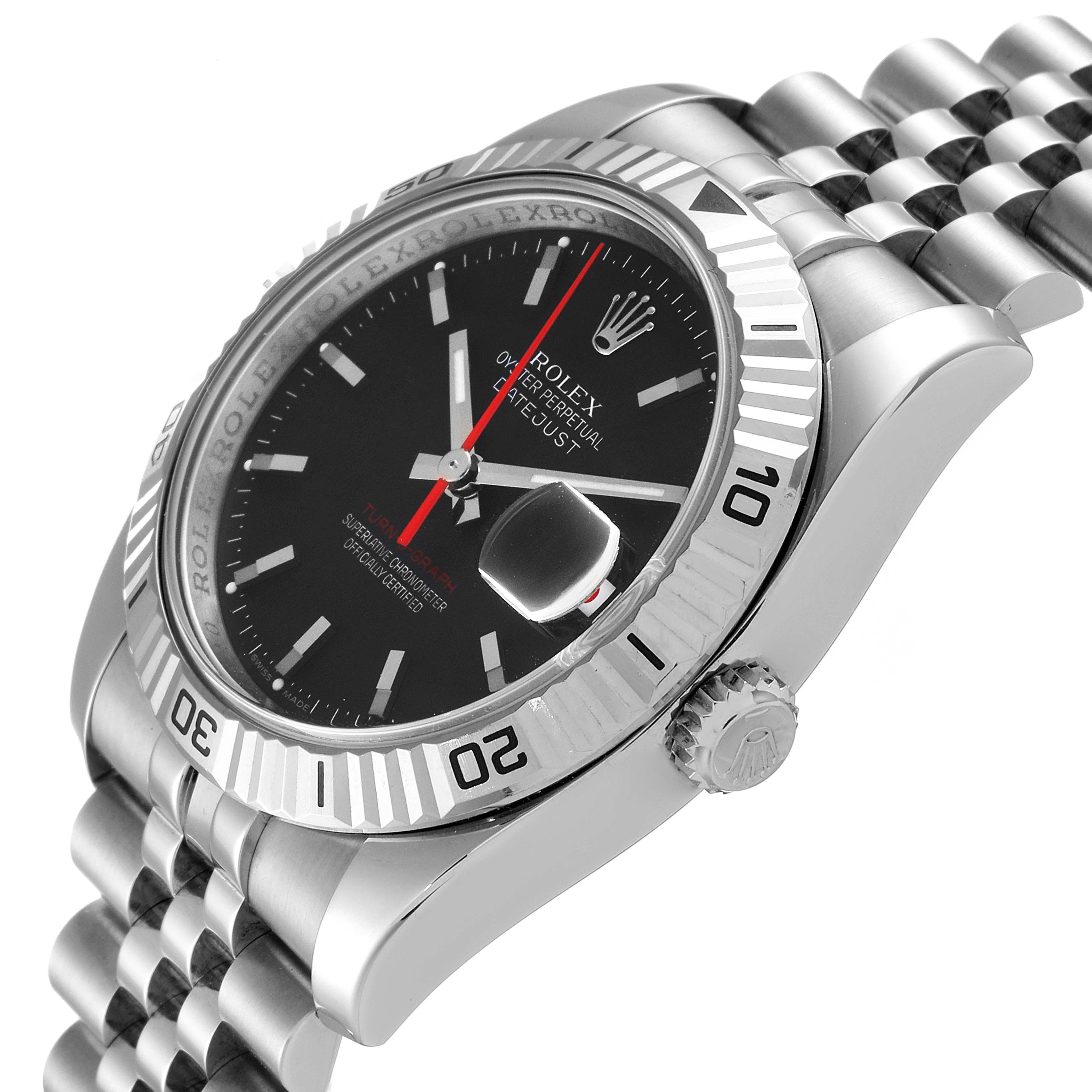 This image shows a Rolex Turn-o-Graph 116264 Men
s Stainless Steel Black Dial 116264 Men
s Stainless Steel Black Dial model at a three-quarter angle, highlighting its black dial, bezel, crown, and Jubilee bracelet.