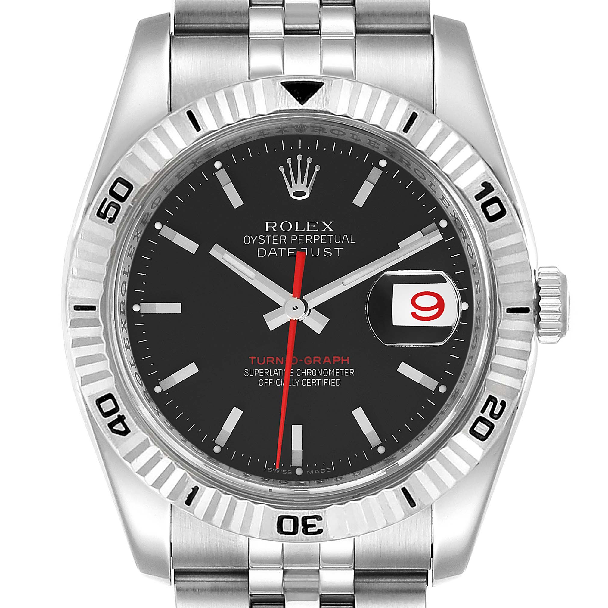 This image shows a Rolex Turn-o-Graph 116264 Men
s Stainless Steel Black Dial 116264 Men
s Stainless Steel Black Dial watch from a front angle, highlighting the face, bezel, crown, and part of the bracelet.