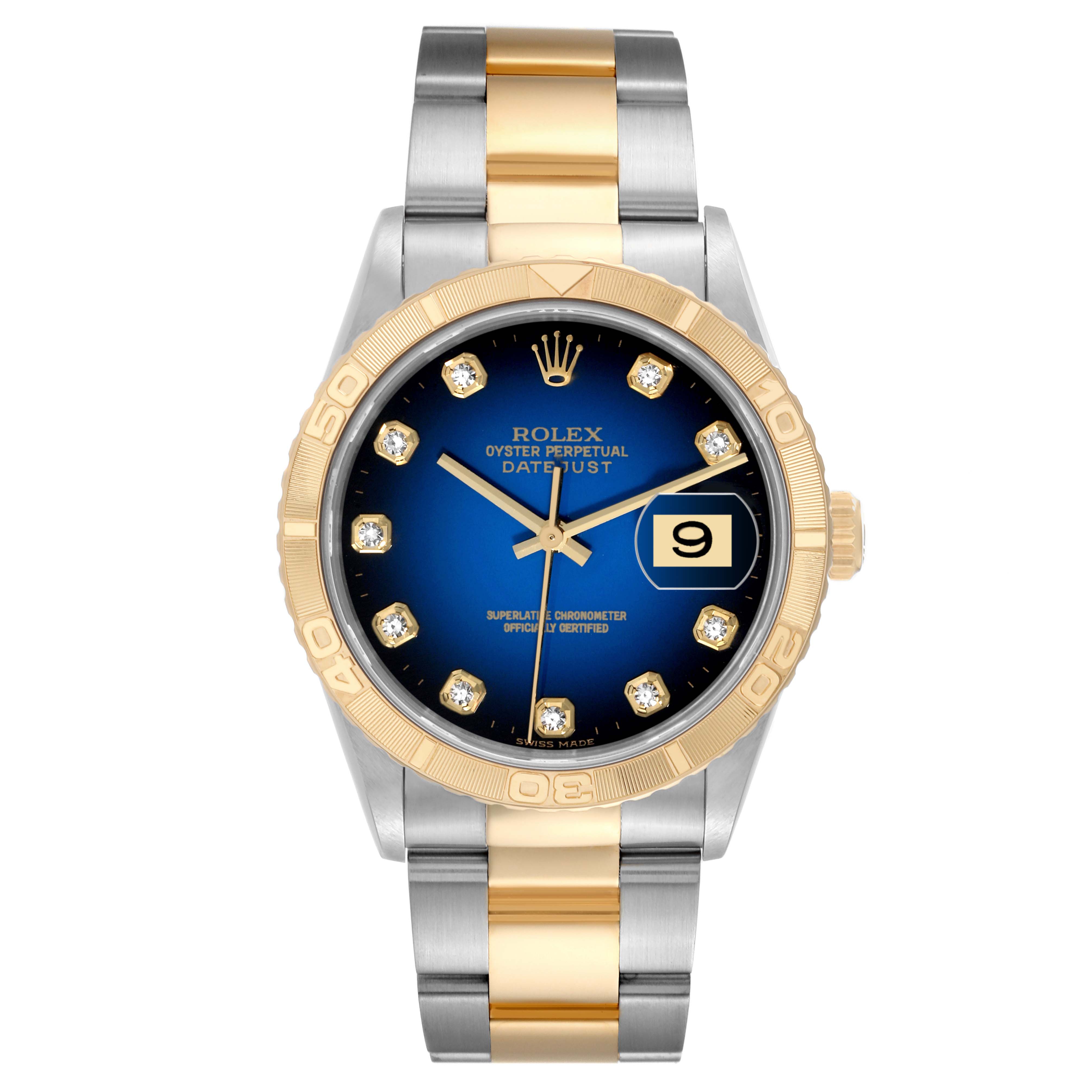 The image shows a front view of the Rolex Turn-o-Graph 16263 Men's Steel and Gold (two tone) Blue Dial 16263 Men's Steel and Gold (two tone) Blue Dial watch, highlighting its face, bezel, and bracelet.