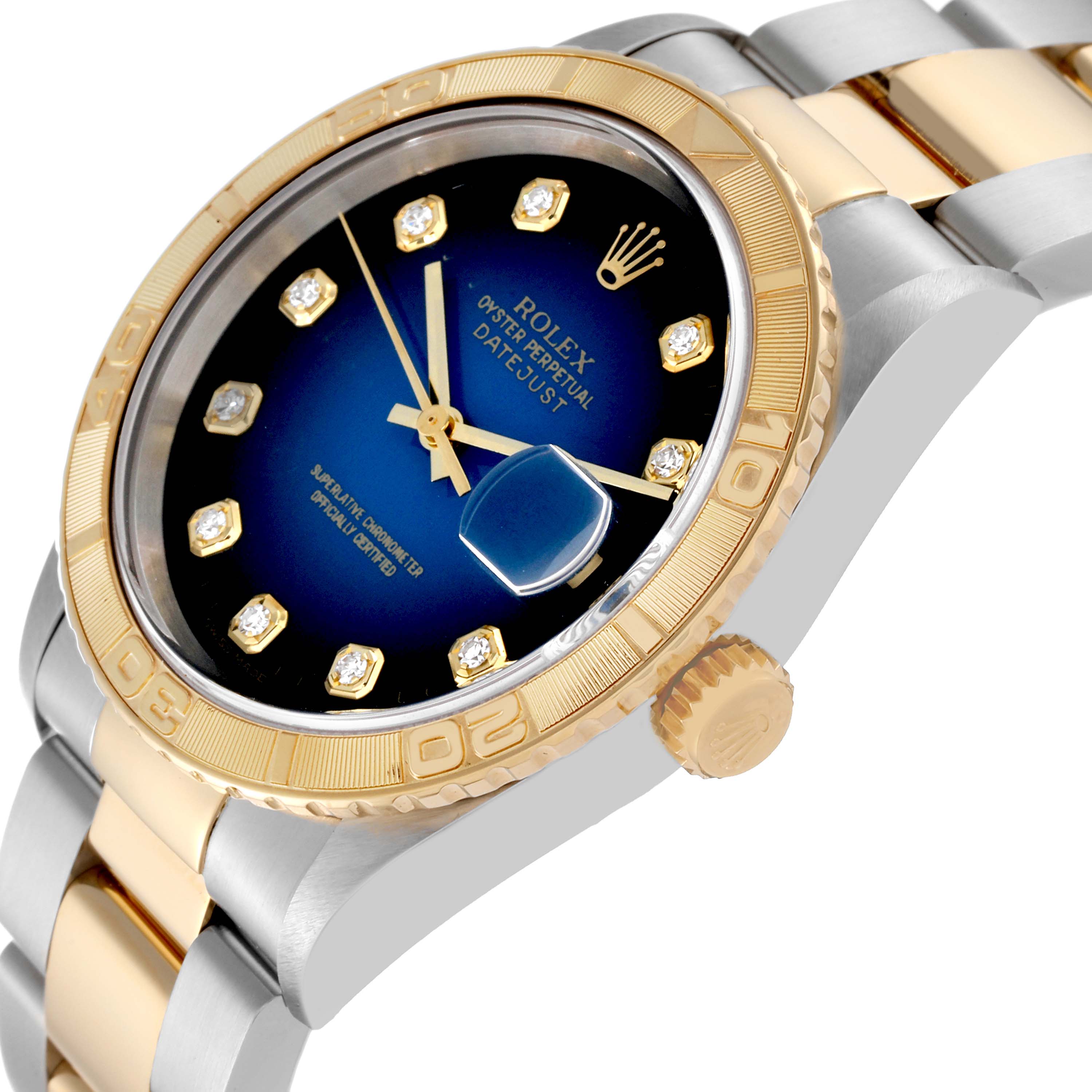 The image shows a Turn-o-Graph Rolex watch angled to emphasize the dial, bezel, and part of the bracelet.