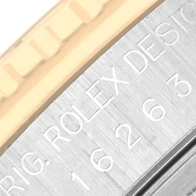 The image shows a close-up of the bezel and case side of a Rolex Turn-o-Graph 16263 Men's Steel and Gold (two tone) Blue Dial 16263 Men's Steel and Gold (two tone) Blue Dial watch.