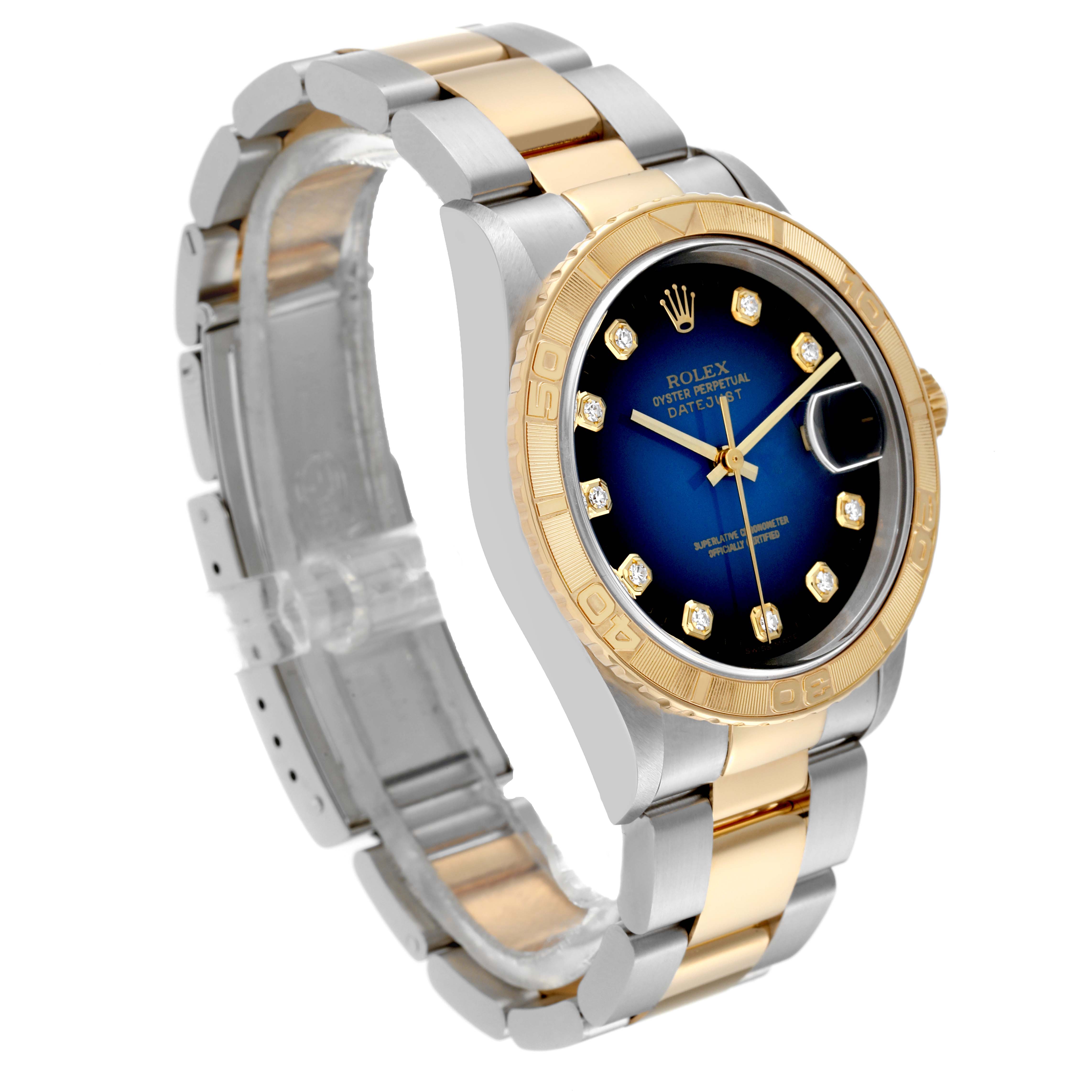 This image shows a Rolex Turn-o-Graph 16263 Men's Steel and Gold (two tone) Blue Dial 16263 Men's Steel and Gold (two tone) Blue Dial watch from an angled side view, highlighting its two-tone bracelet and blue diamond-set dial.
