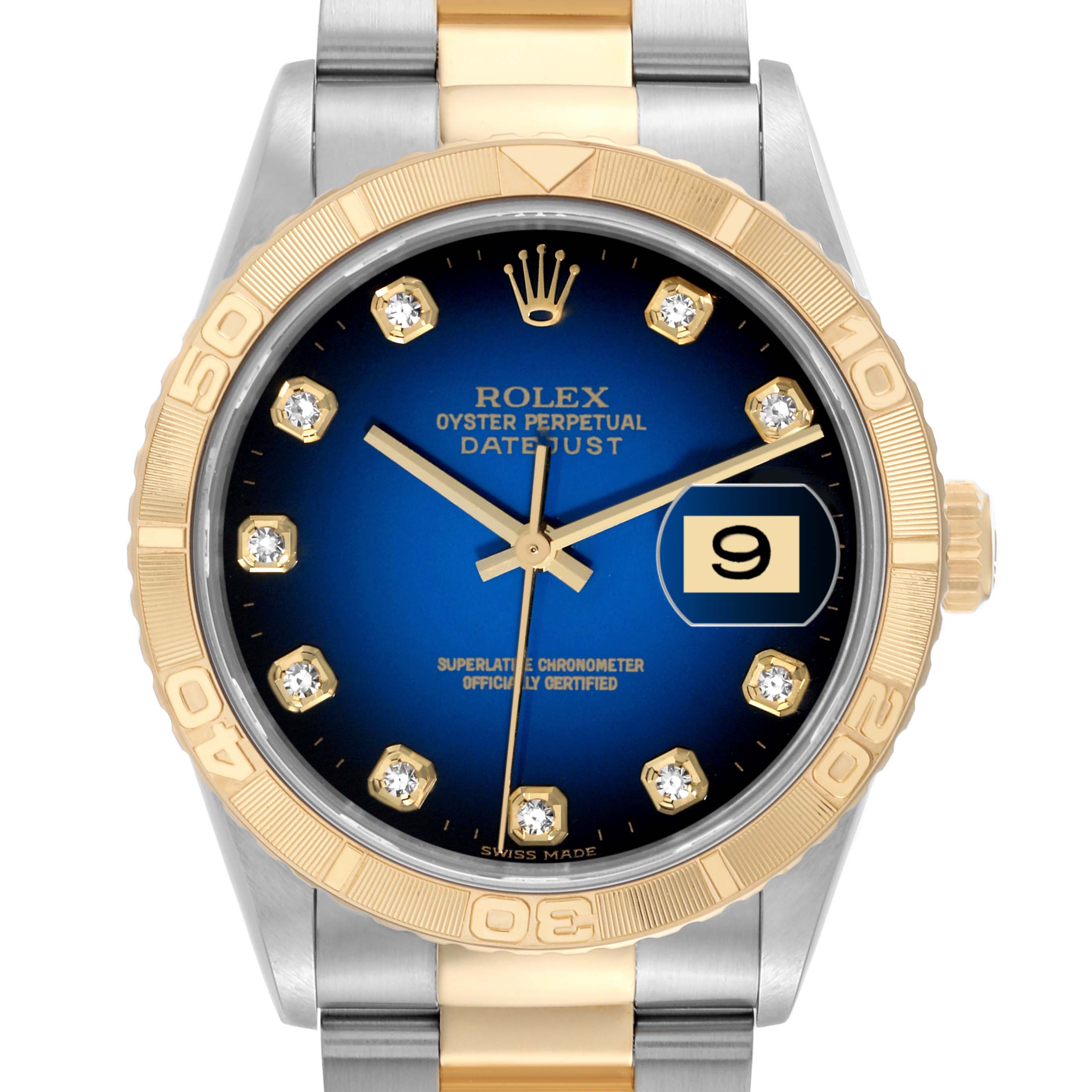 The image shows the front view of a Rolex Turn-o-Graph 16263 Men's Steel and Gold (two tone) Blue Dial 16263 Men's Steel and Gold (two tone) Blue Dial model, featuring a blue dial, gold bezel, and two-tone bracelet.