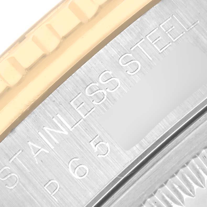 The image shows a close-up of the stainless steel and gold bezel of a Rolex Turn-o-Graph 16263 Men's Steel and Gold (two tone) Blue Dial 16263 Men's Steel and Gold (two tone) Blue Dial watch.