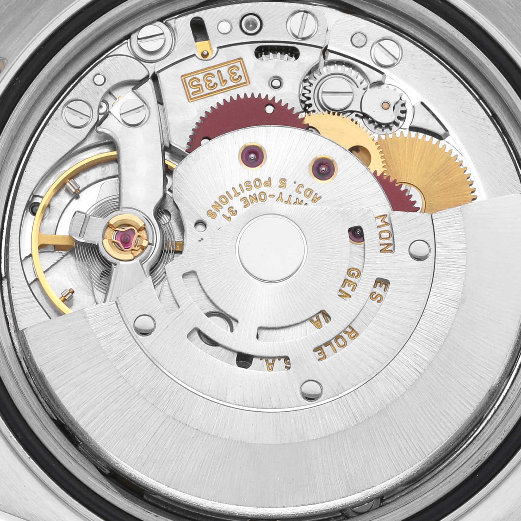 This is a close-up view of the inner mechanism of the Rolex Turn-o-Graph 16263 Men's Steel and Gold (two tone) Blue Dial 16263 Men's Steel and Gold (two tone) Blue Dial watch, showcasing its intricate gear and rotor system.