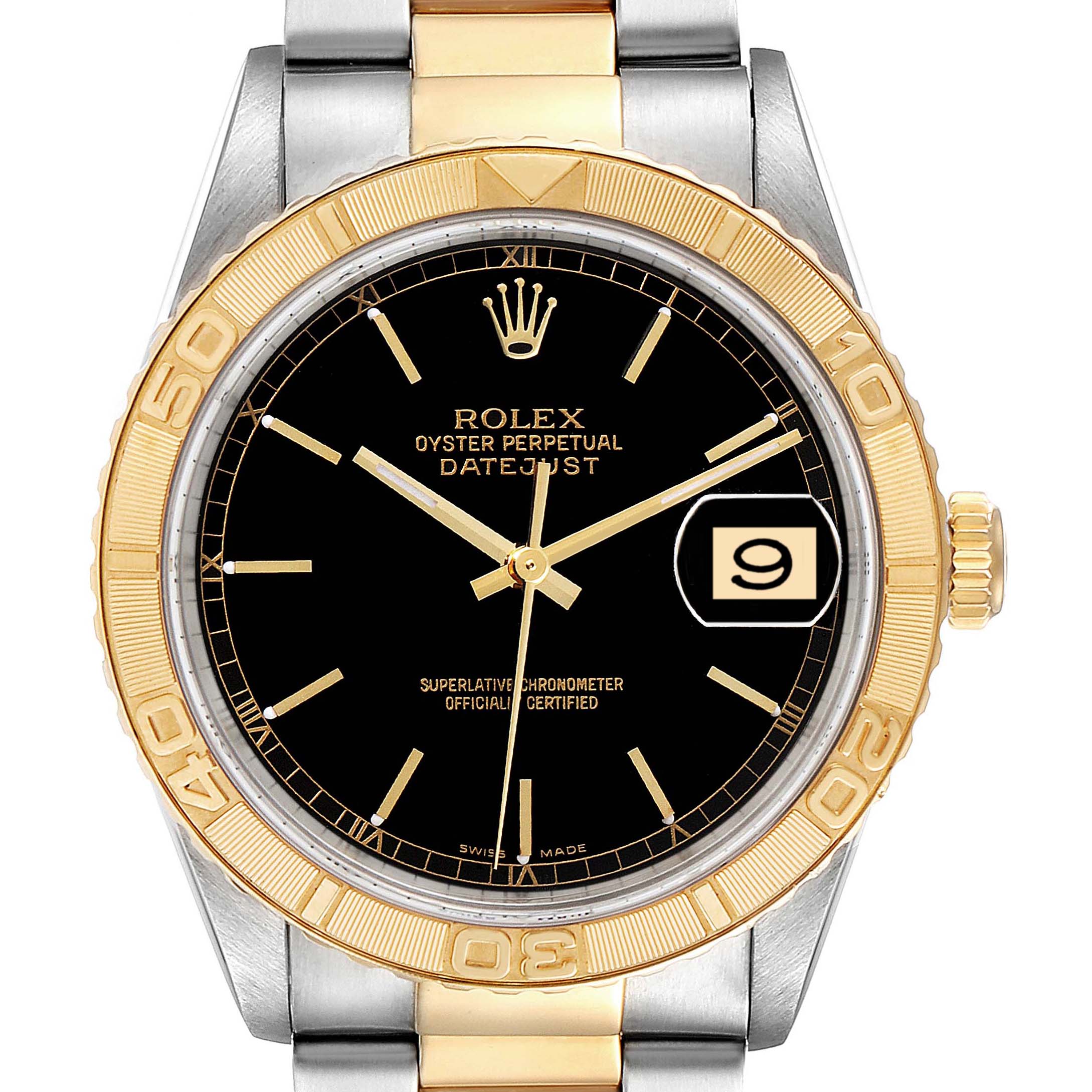 The image shows a Rolex Turn-o-Graph 16263 Men
s Steel and Gold (two tone) Black Dial 16263 Men
s Steel and Gold (two tone) Black Dial model watch from a front angle, highlighting its black dial, date display, and two-tone bezel.