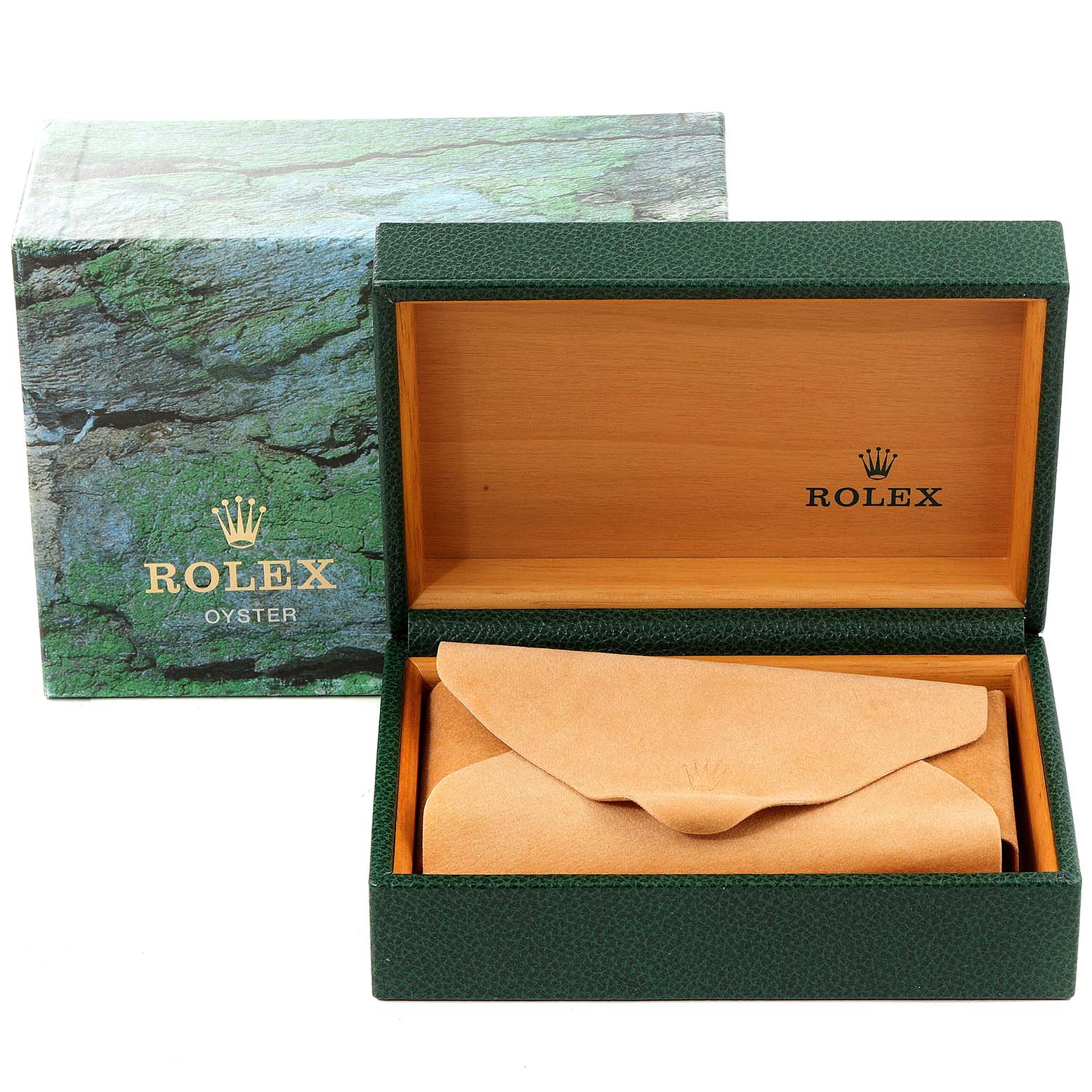 The image shows an open Rolex Turn-o-Graph 16263 Men
s Steel and Gold (two tone) Black Dial 16263 Men
s Steel and Gold (two tone) Black Dial watch box with its leather case inside, along with the outer packaging.