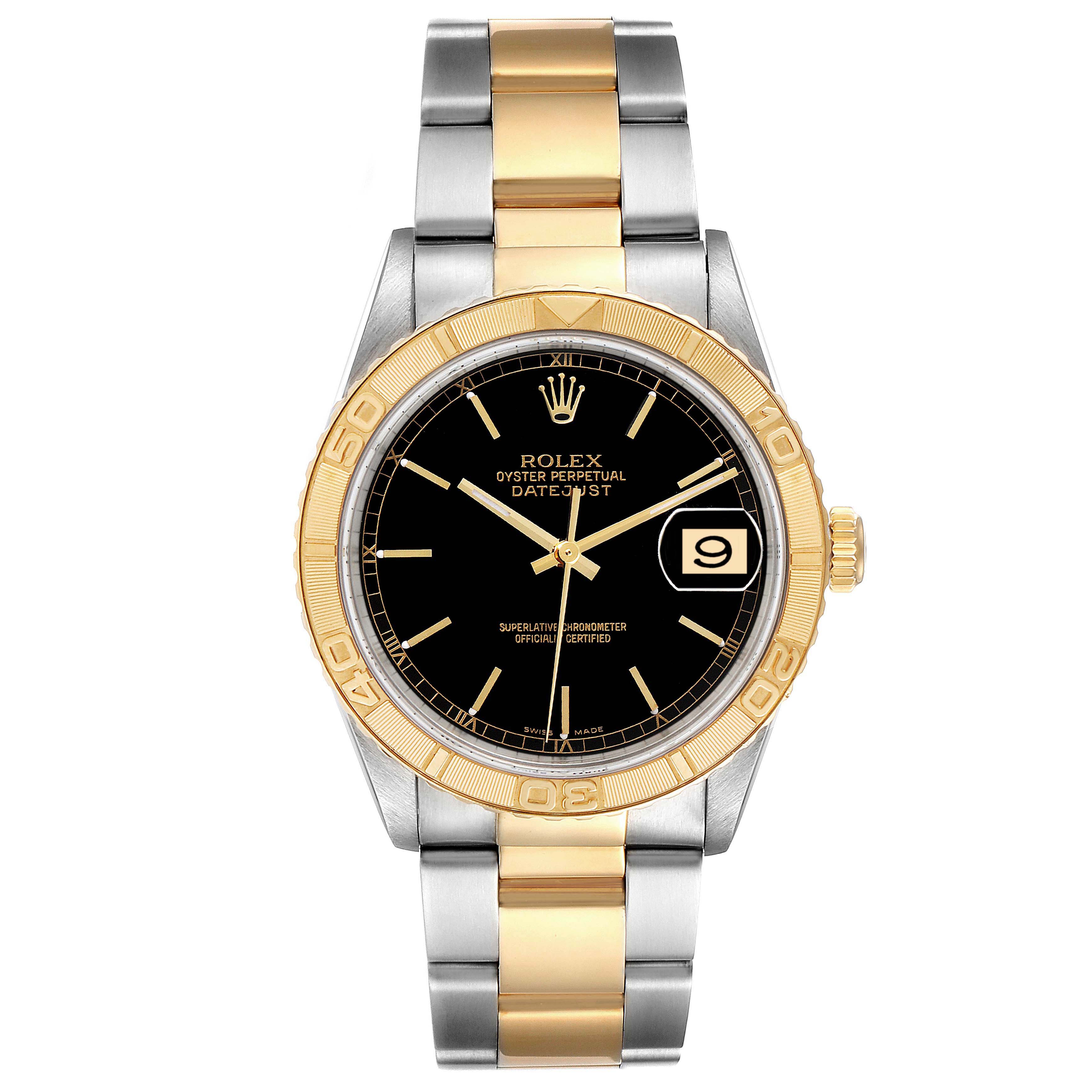 The Rolex Turn-o-Graph 16263 Men
s Steel and Gold (two tone) Black Dial 16263 Men
s Steel and Gold (two tone) Black Dial watch is shown from a front angle, detailing its two-tone bracelet, black dial, and date display.