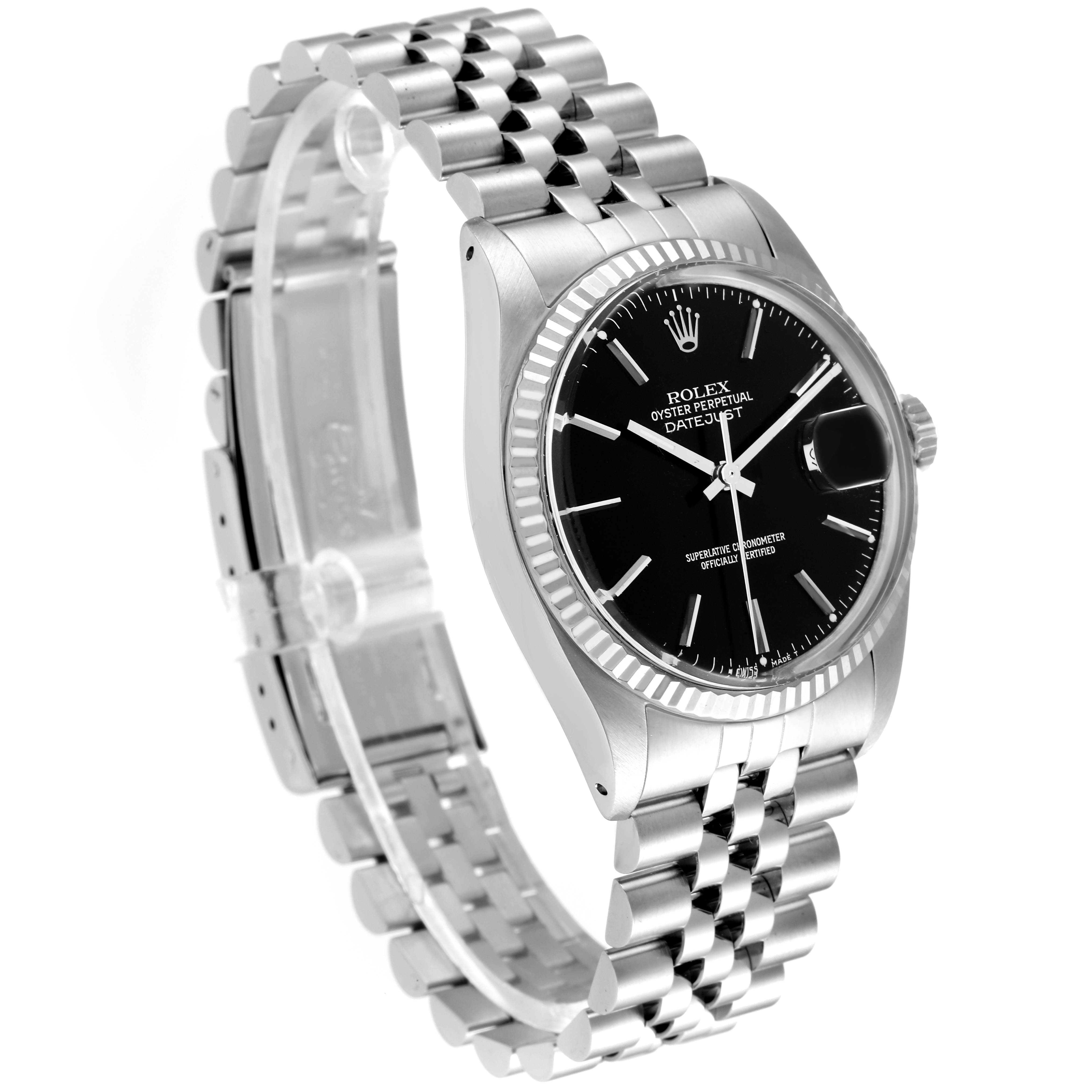 This image shows a Rolex Datejust 16014 Men's Stainless Steel Black Dial 16014 Men's Stainless Steel Black Dial watch from a three-quarter angle, highlighting the dial, bezel, and jubilee bracelet.