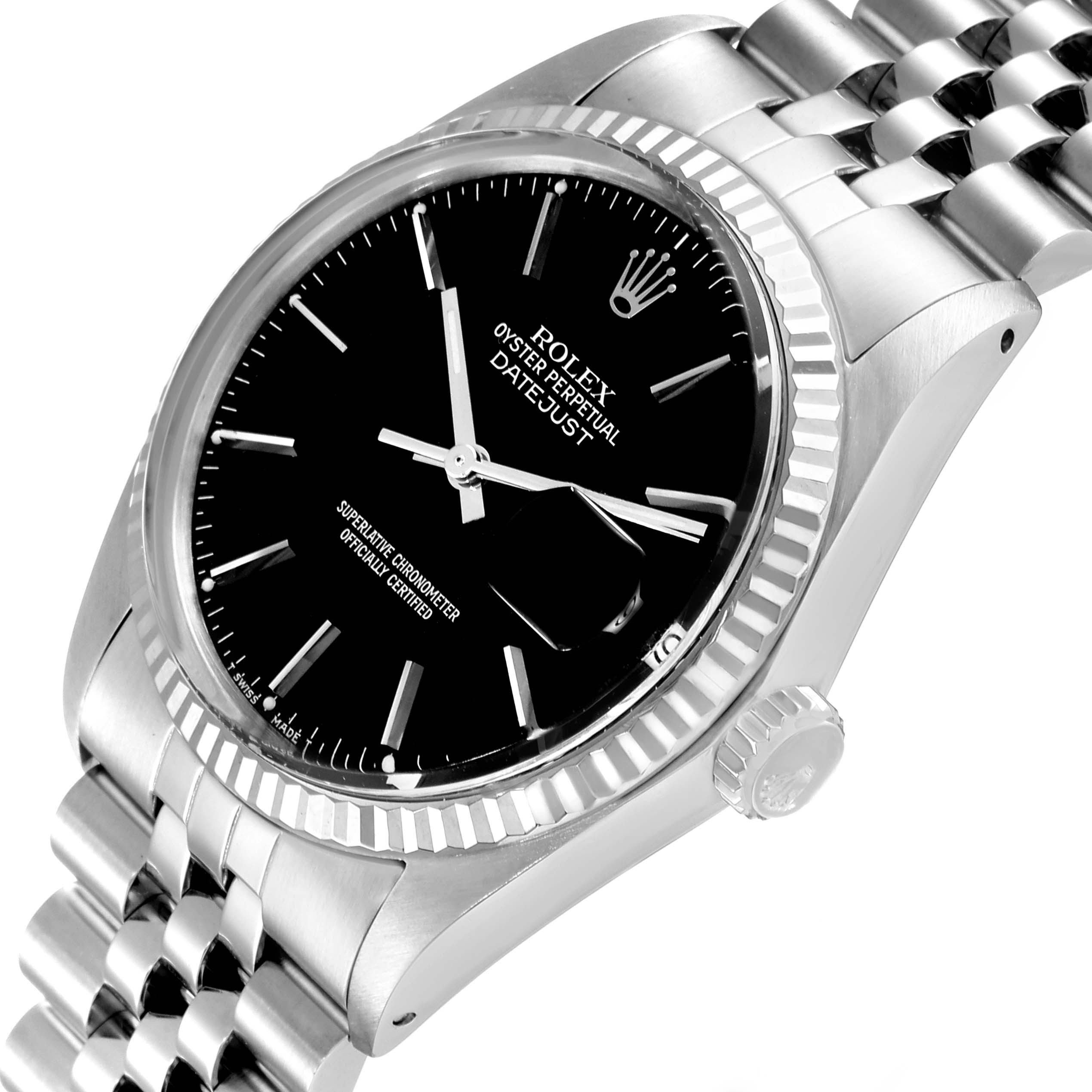 This image shows an angled view of the Rolex Datejust 16014 Men's Stainless Steel Black Dial 16014 Men's Stainless Steel Black Dial watch, focusing on the dial, case, bezel, and part of the bracelet.