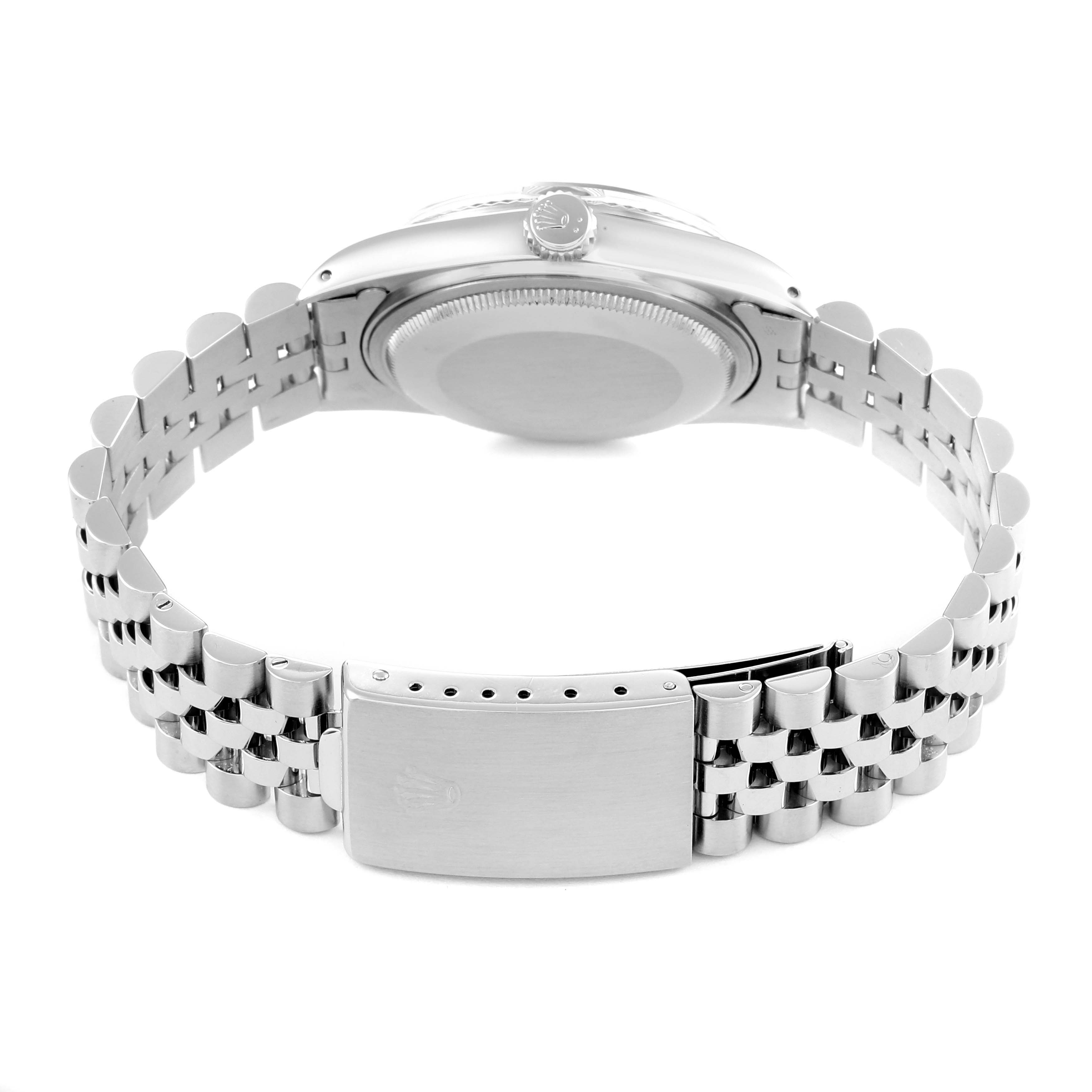 This image shows the rear view of a Rolex Datejust 16014 Men's Stainless Steel Black Dial 16014 Men's Stainless Steel Black Dial watch, focusing on the case back and Jubilee bracelet with clasp.