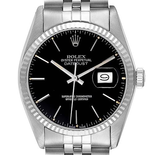 This image shows a Rolex Datejust watch from a front angle, highlighting the dial, bezel, and part of the bracelet.