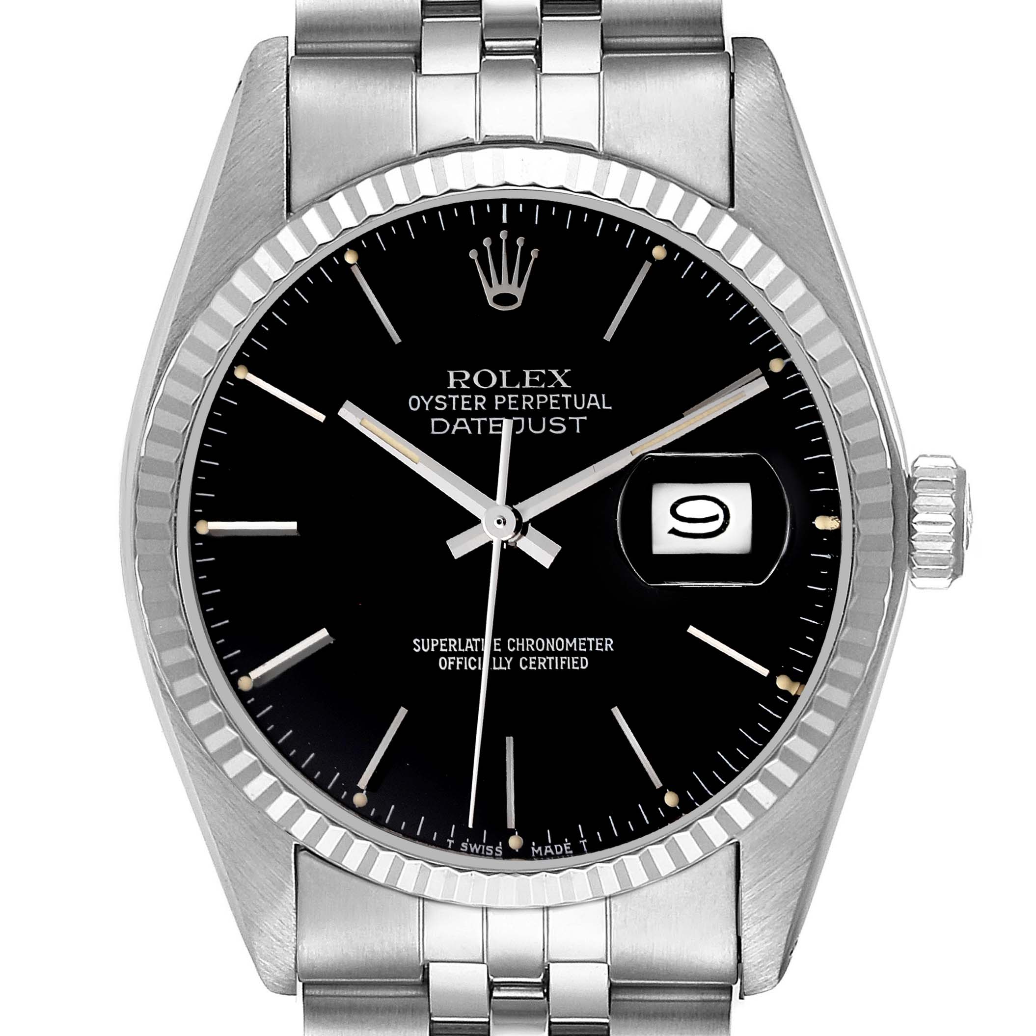 The image shows a frontal view of the Rolex Datejust 16014 Men's Stainless Steel Black Dial 16014 Men's Stainless Steel Black Dial watch, highlighting its black dial, date display, and stainless steel bracelet.