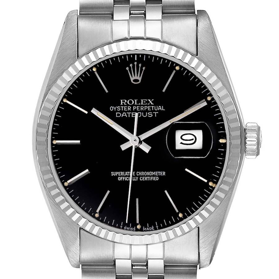 Rolex Datejust Vintage Steel White Gold Black Dial Mens Watch 16014 SwissWatchExpo