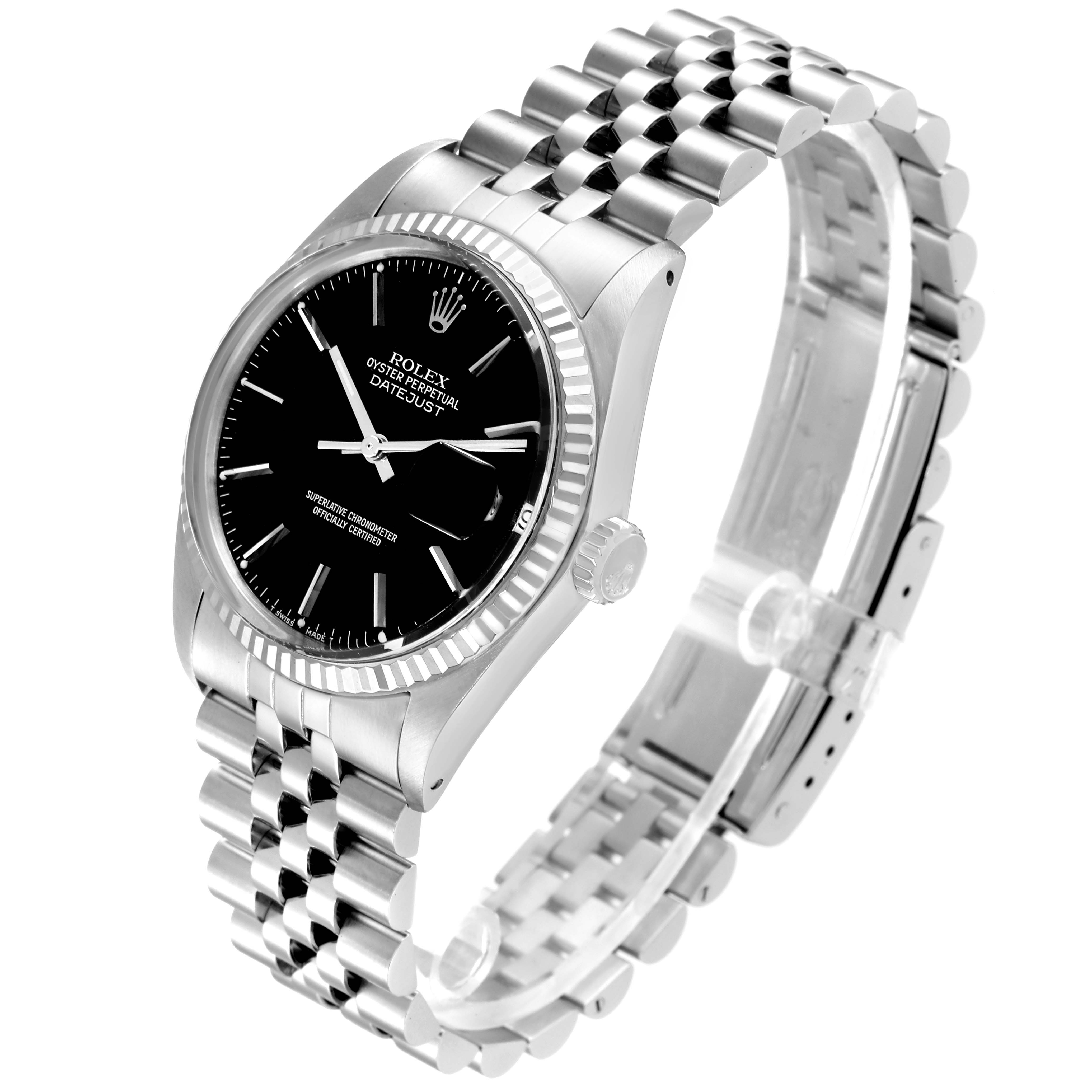 This image shows a Rolex Datejust 16014 Men's Stainless Steel Black Dial 16014 Men's Stainless Steel Black Dial watch at an angle highlighting its face, bezel, crown, and bracelet.