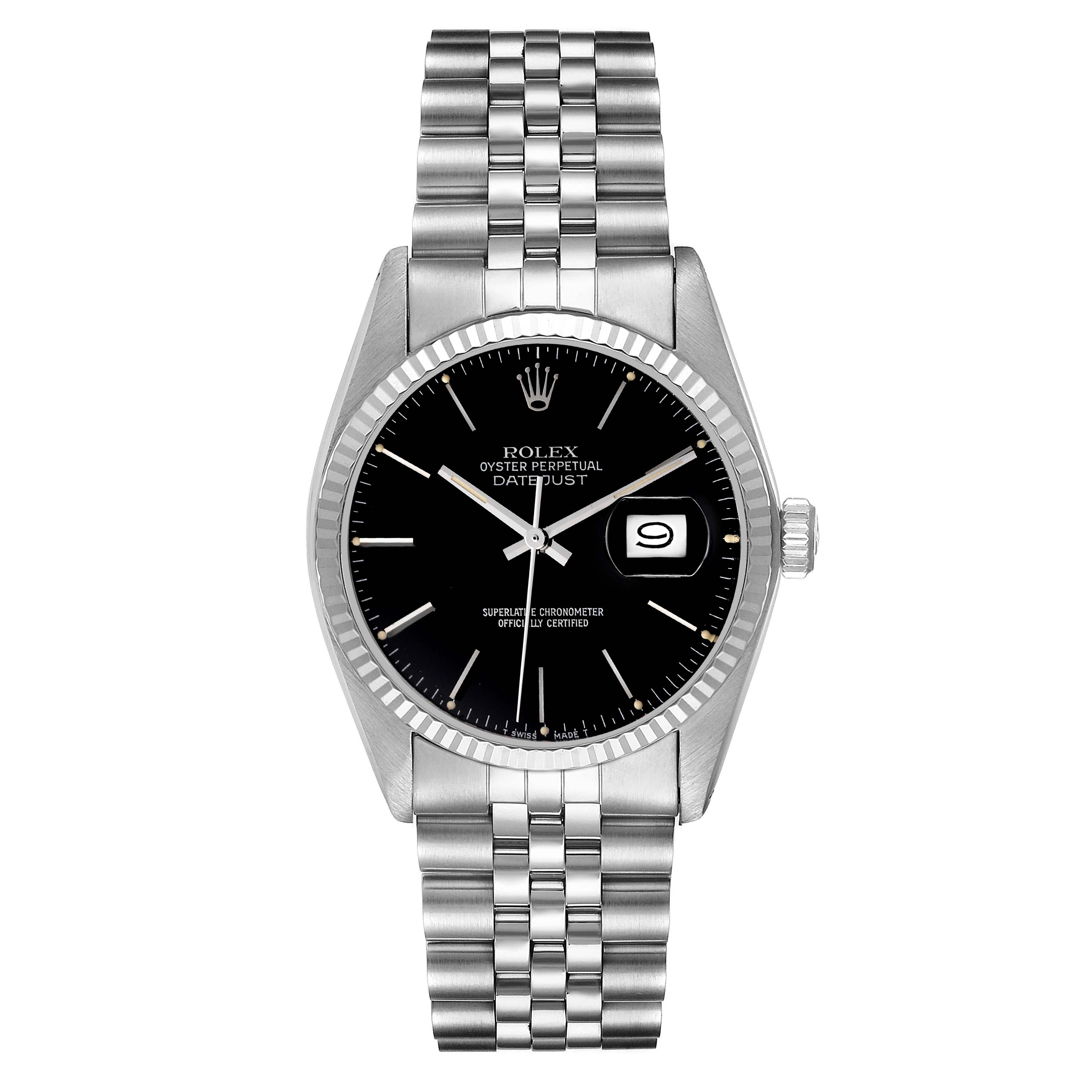 This image shows a Rolex Datejust 16014 Men's Stainless Steel Black Dial 16014 Men's Stainless Steel Black Dial watch from a front angle, highlighting the dial, bezel, crown, and bracelet.