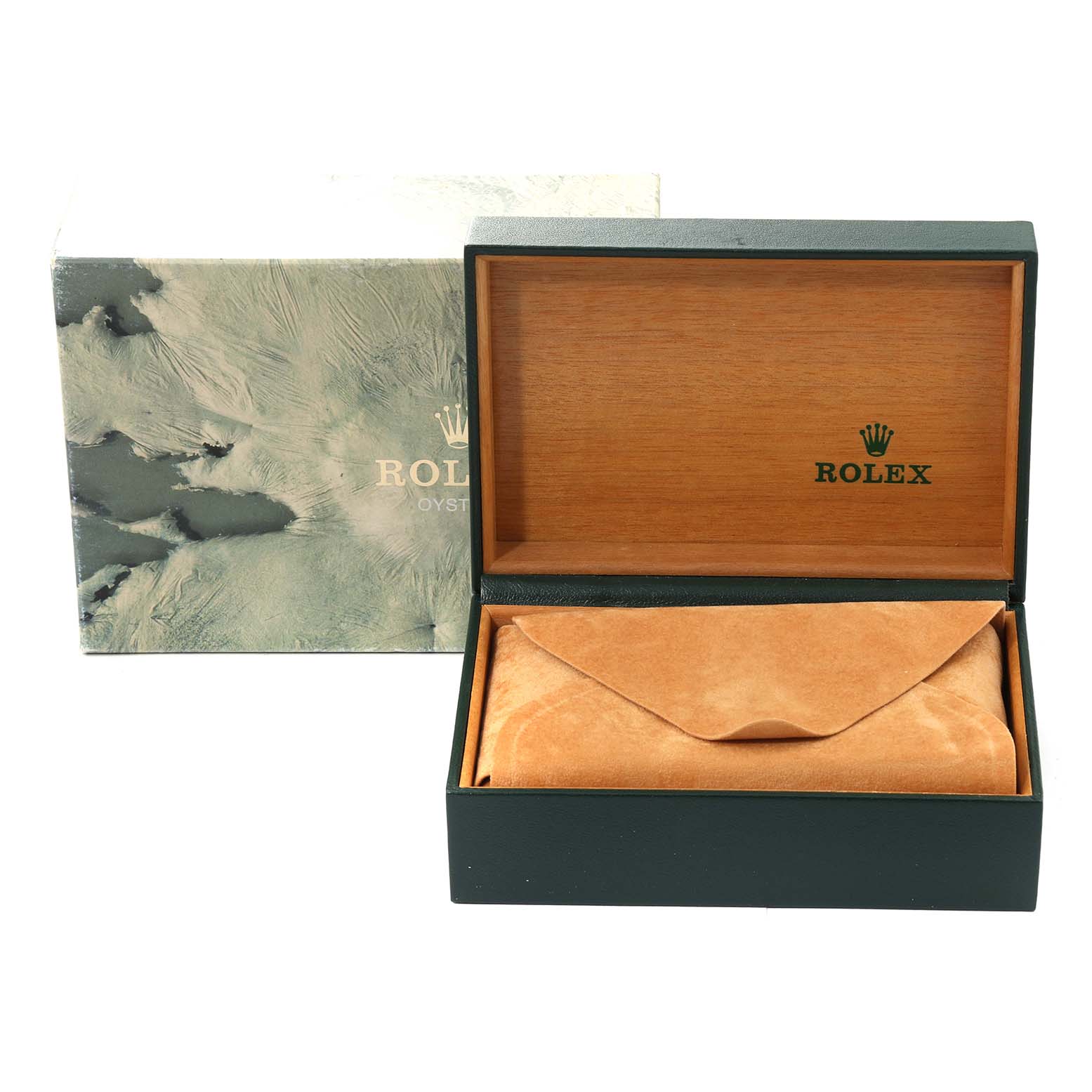 The image shows the packaging box for a Rolex Datejust 16014 Men's Stainless Steel Black Dial 16014 Men's Stainless Steel Black Dial watch, featuring an external box and an open internal box with an orange suede pouch.