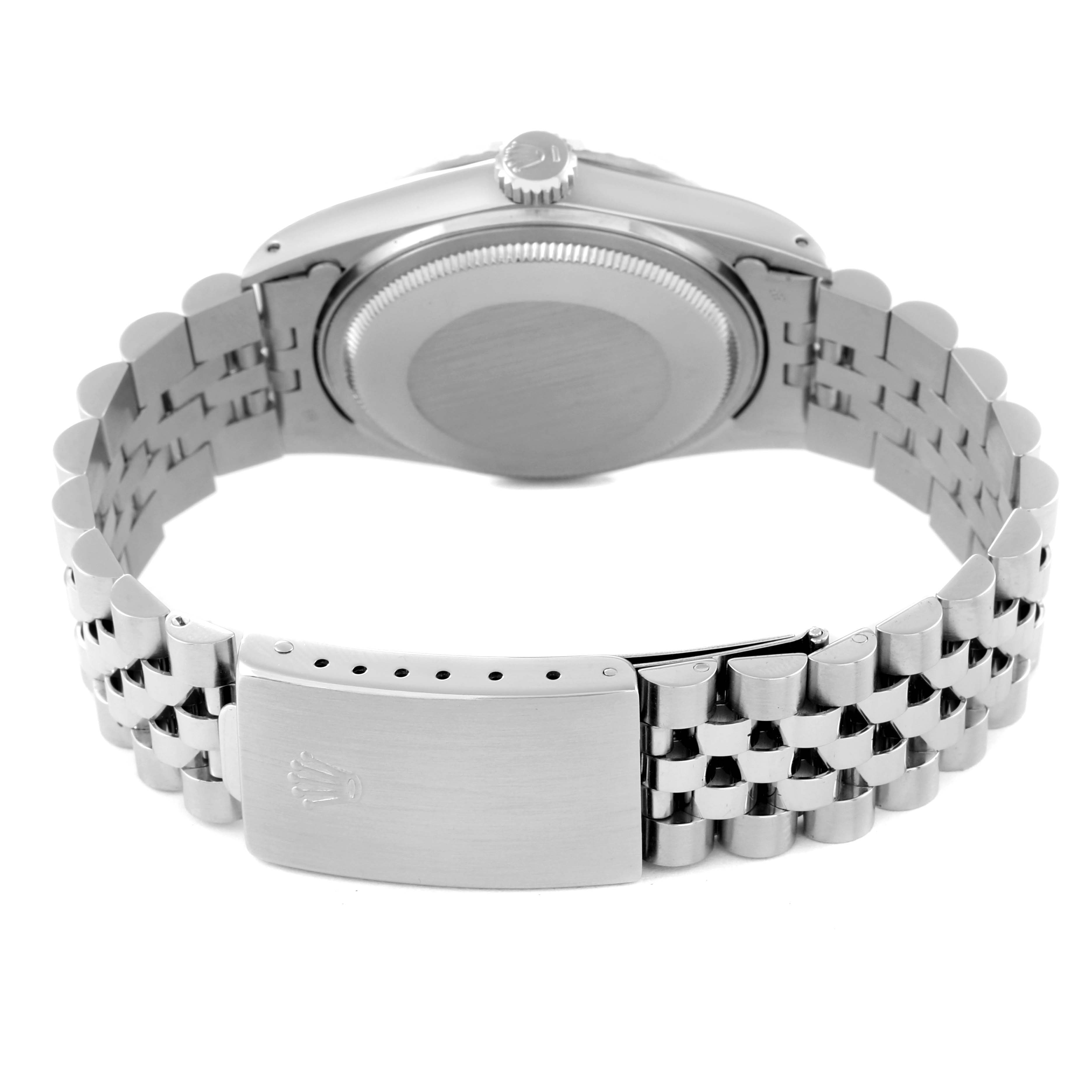 This image shows the back view of a Rolex Datejust 16030 Men's Stainless Steel White Dial 16030 Men's Stainless Steel White Dial watch, featuring the case back, crown, and Jubilee bracelet with the clasp.