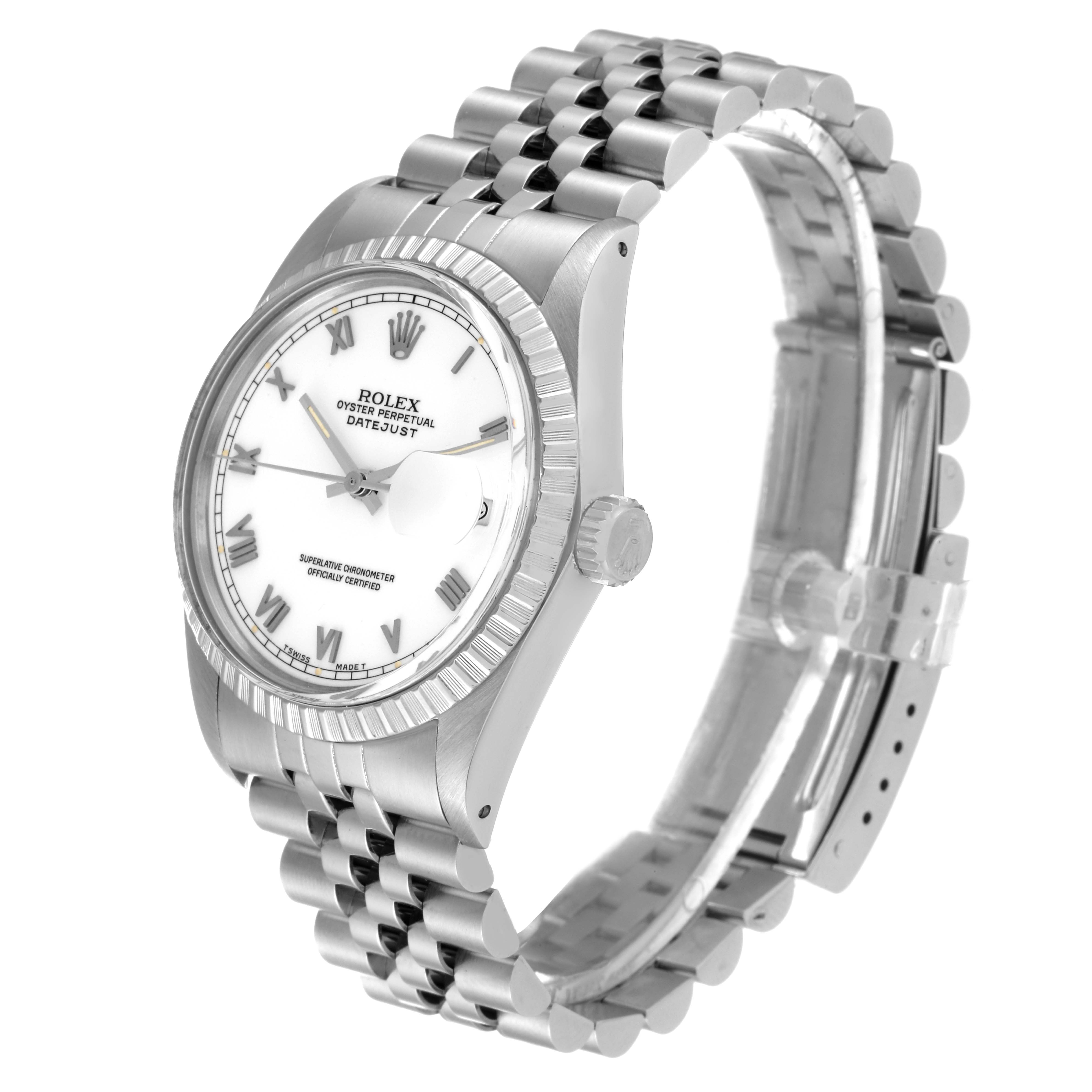 The image shows a Rolex Datejust 16030 Men's Stainless Steel White Dial 16030 Men's Stainless Steel White Dial watch at a three-quarter angle, highlighting the dial, case, and bracelet.