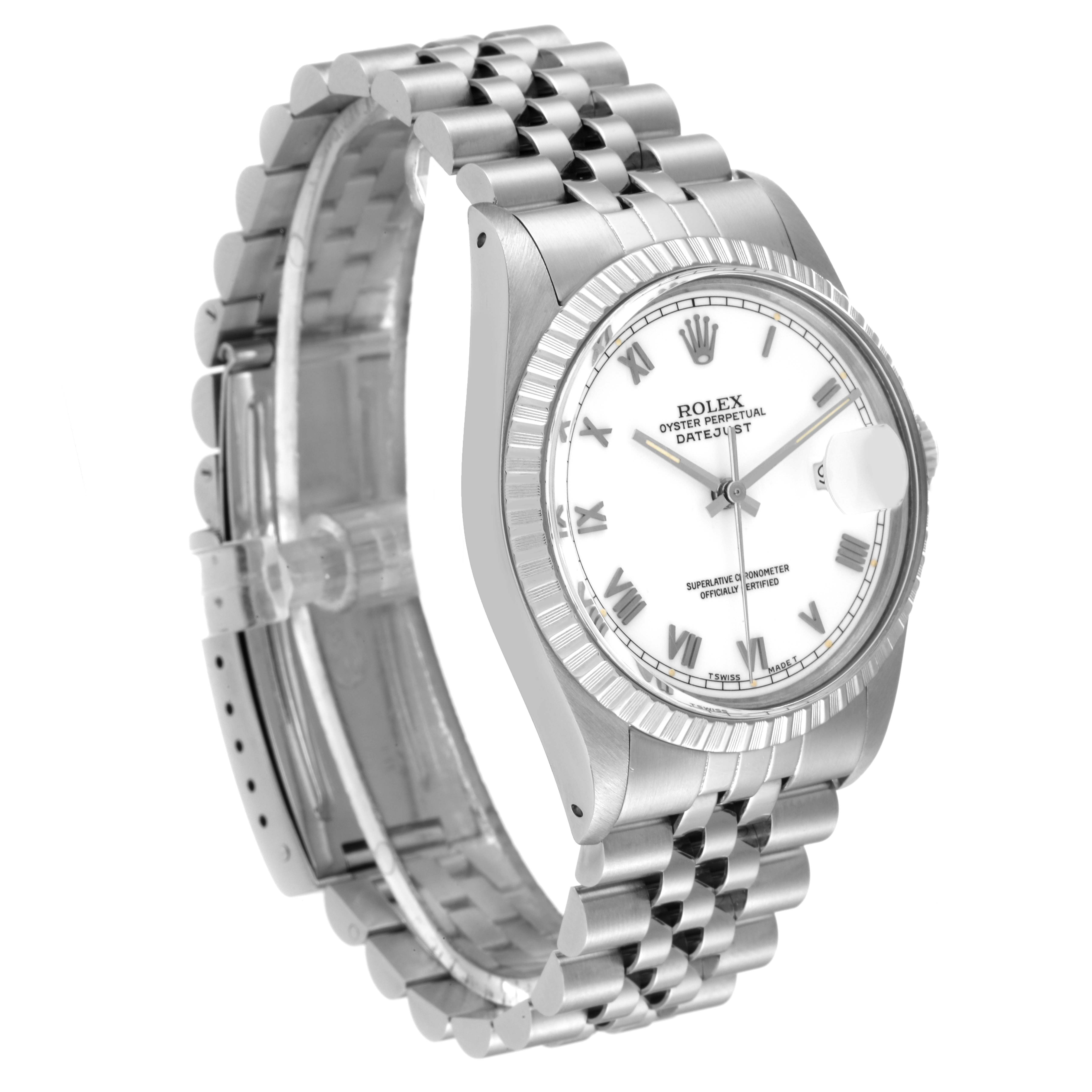 The Rolex Datejust 16030 Men's Stainless Steel White Dial 16030 Men's Stainless Steel White Dial watch is shown at a three-quarter angle, displaying the face, bracelet, and part of the clasp.