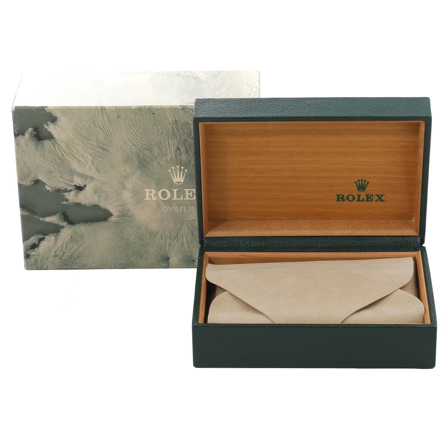 This image shows the open packaging of a Rolex Datejust 16030 Men's Stainless Steel White Dial 16030 Men's Stainless Steel White Dial watch, including an outer box and a cushioned inner watch box.