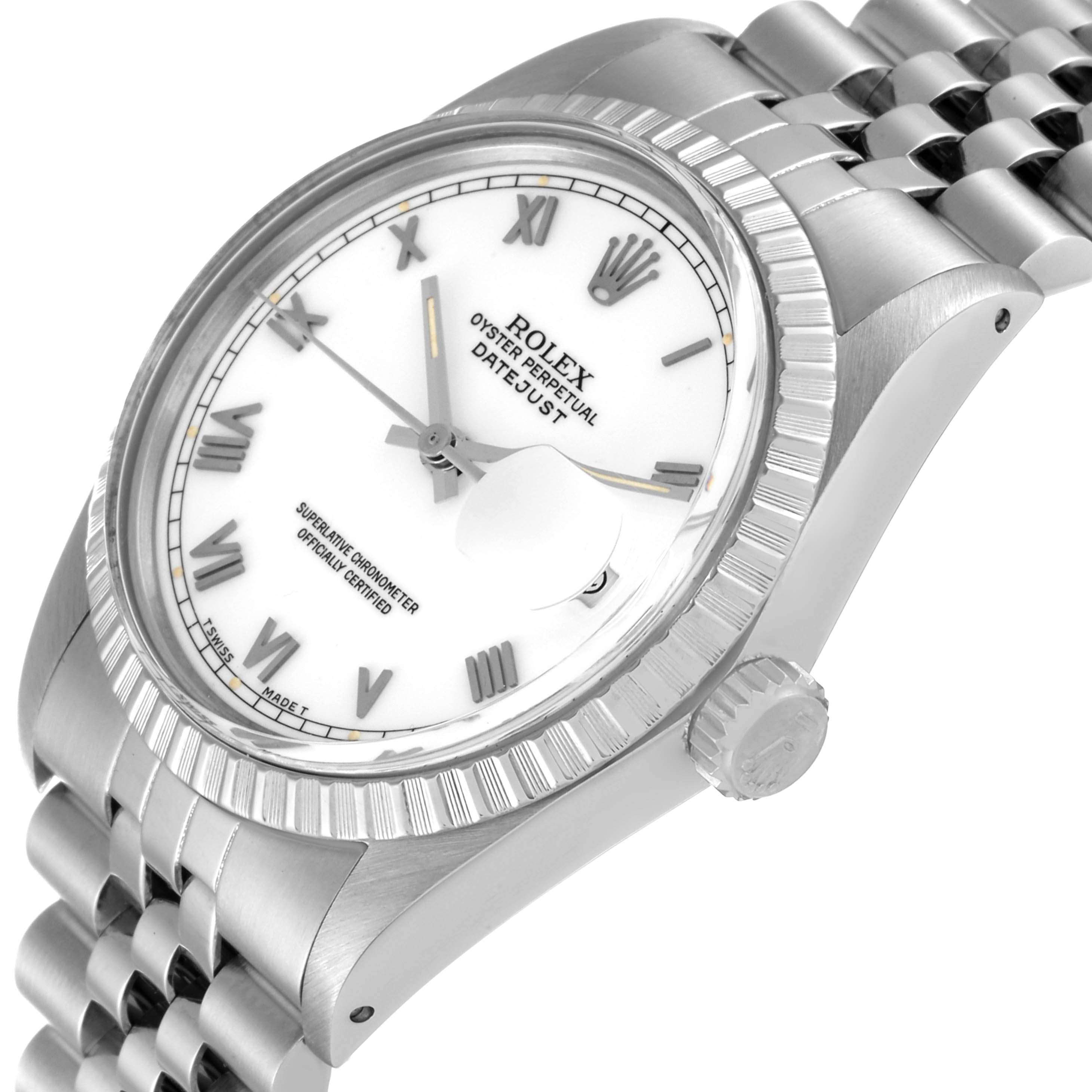 The image shows the Rolex Datejust 16030 Men's Stainless Steel White Dial 16030 Men's Stainless Steel White Dial watch at a tilted angle, displaying the face, bezel, crown, and part of the metal bracelet.