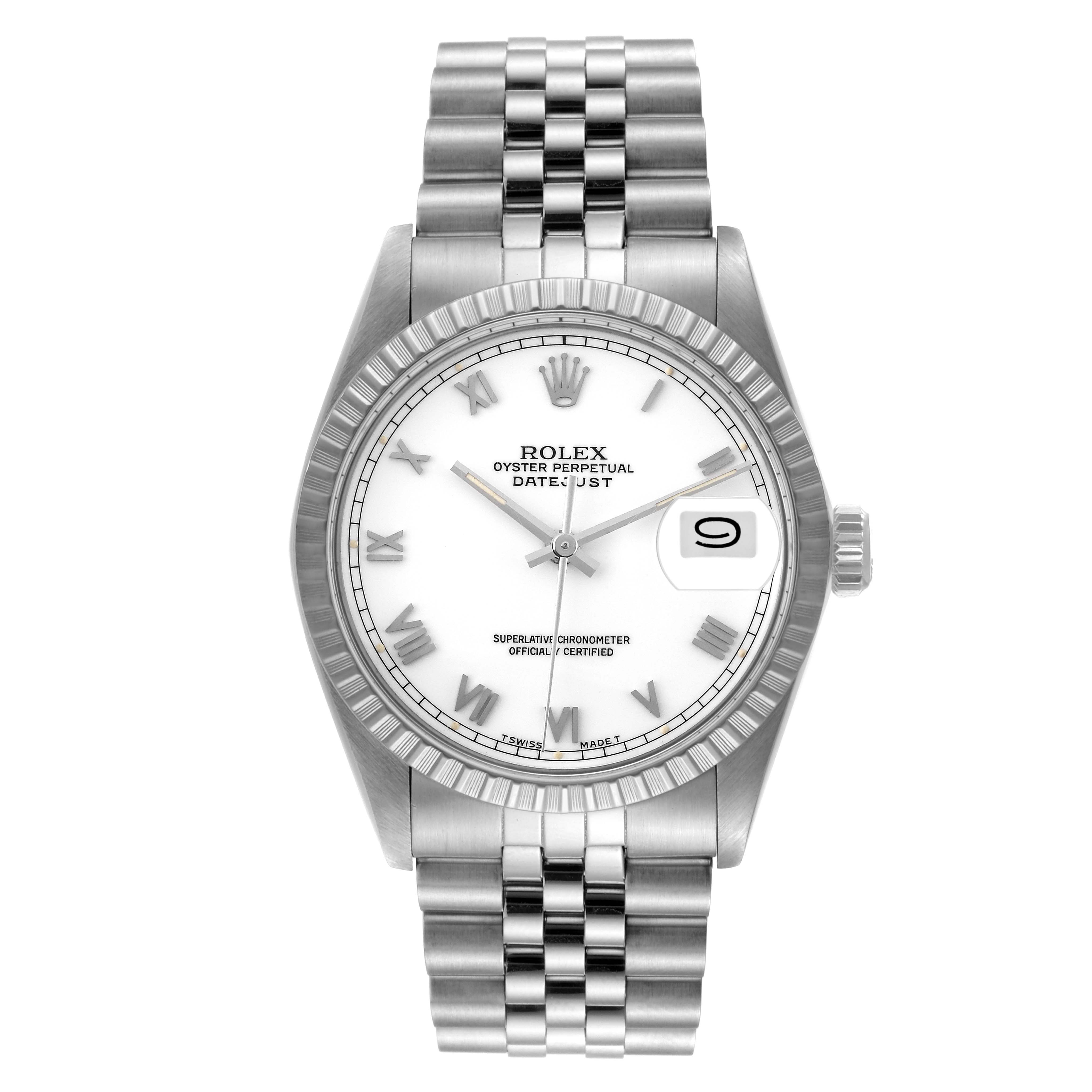 The image shows a front view of a Rolex Datejust 16030 Men's Stainless Steel White Dial 16030 Men's Stainless Steel White Dial watch, highlighting its white dial, date window, and stainless steel bracelet.