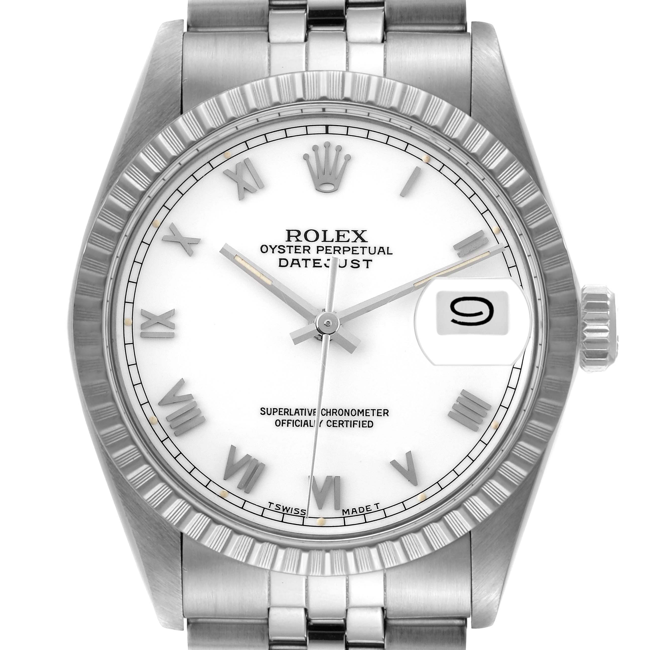 The image shows a frontal view of the Rolex Datejust 16030 Men's Stainless Steel White Dial 16030 Men's Stainless Steel White Dial watch, highlighting the dial, bezel, and bracelet.