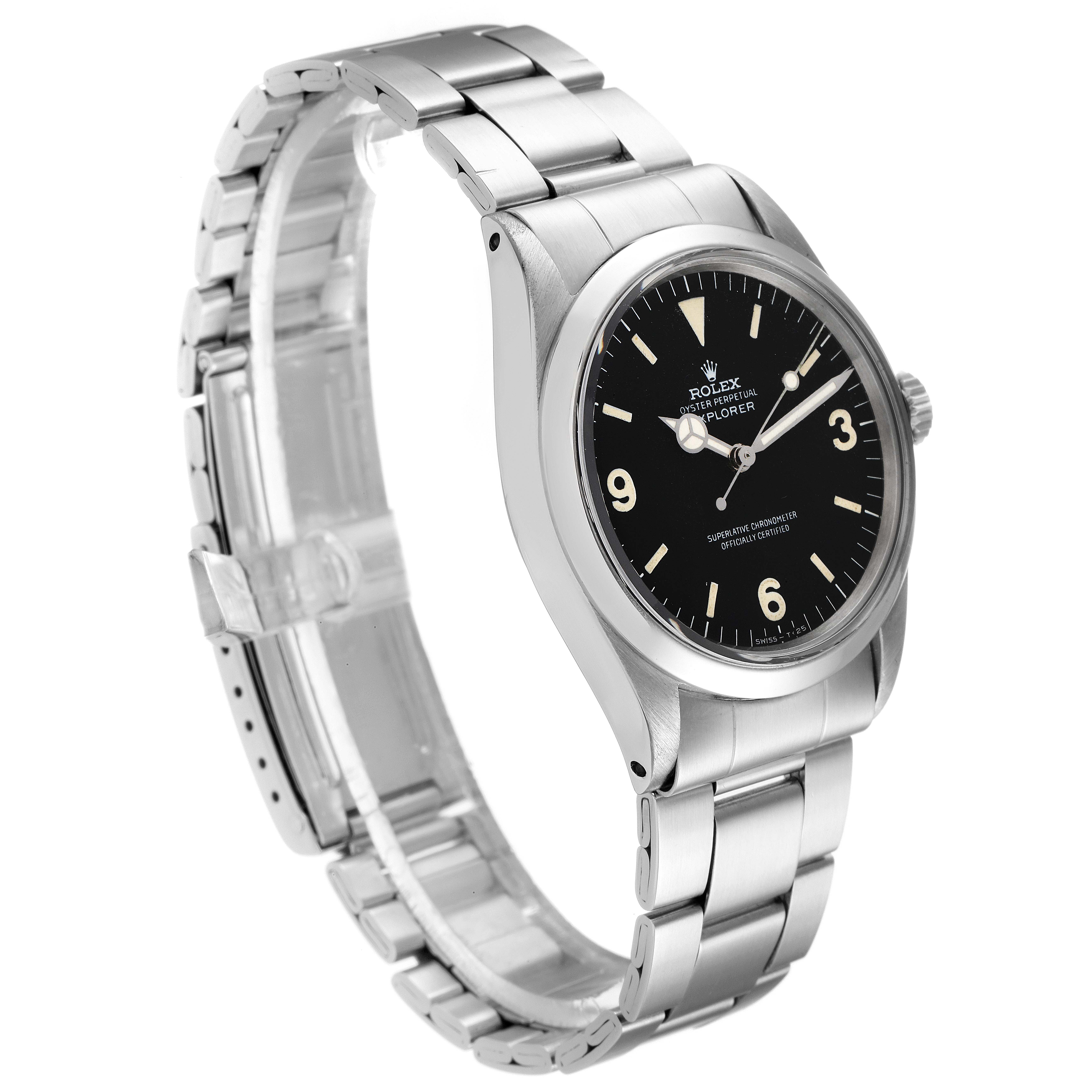 The Rolex Vintage Collection 1016 Men's Stainless Steel Black Dial 1016 Men's Stainless Steel Black Dial watch is shown at an angle displaying the face, bezel, crown, and partially open metallic bracelet.