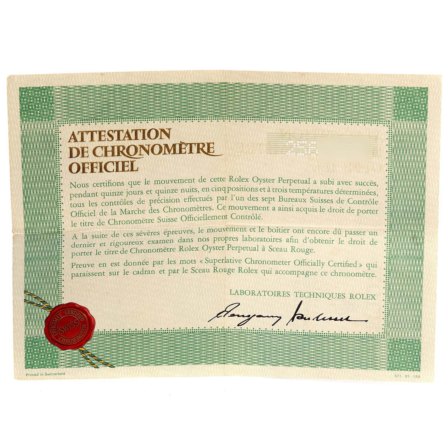 The image shows a close-up of the official chronometer certificate for the Rolex Vintage Collection 1016 Men's Stainless Steel Black Dial 1016 Men's Stainless Steel Black Dial model.