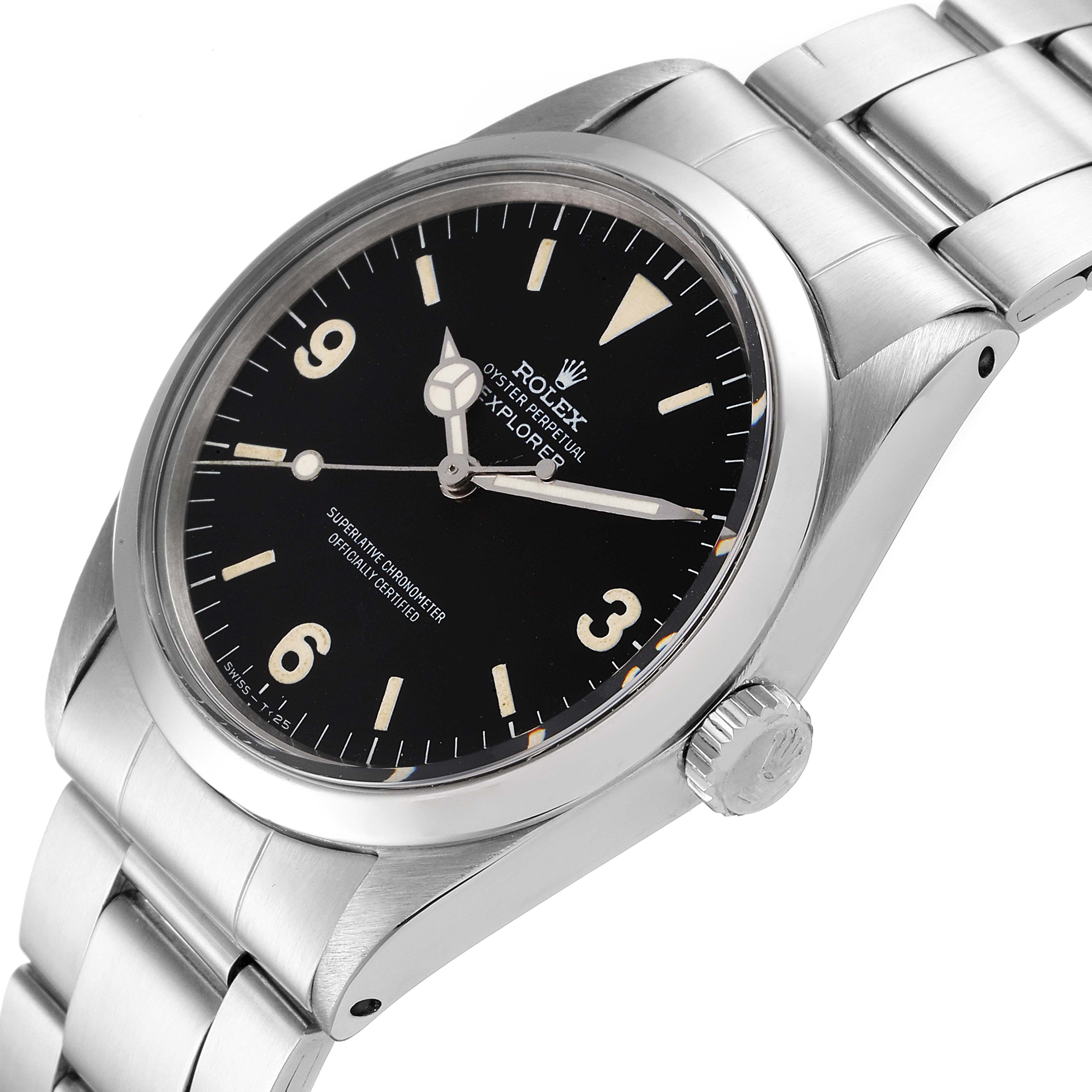 The image shows a Vintage Collection Rolex Explorer model from an angled side view showcasing the dial, crown, and bracelet.