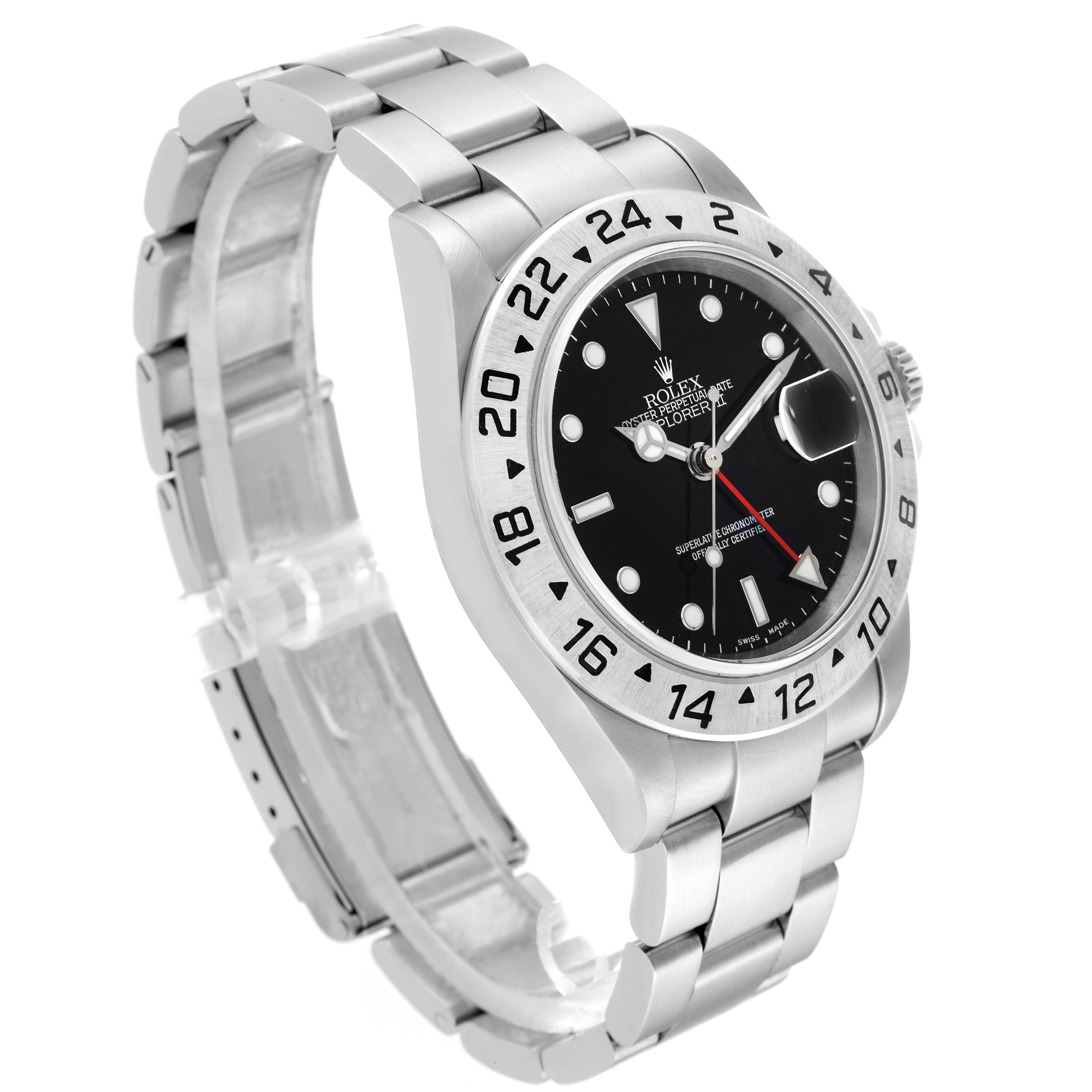 The image shows a Rolex Explorer 16570 Men's Stainless Steel Black Dial 16570 Men's Stainless Steel Black Dial watch from an angled side view, highlighting the bezel, dial, and bracelet.