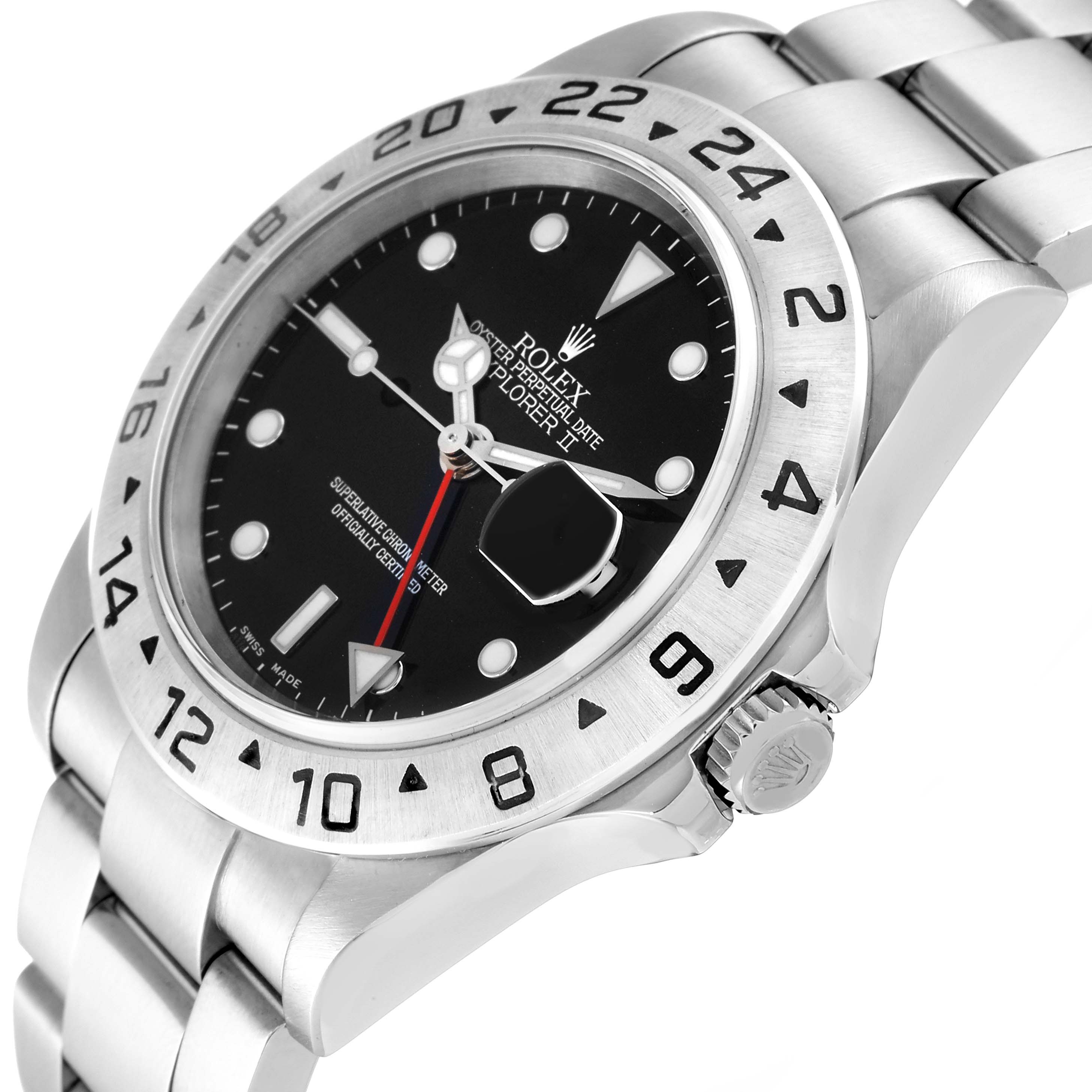 The image shows a side view of the Rolex Explorer 16570 Men's Stainless Steel Black Dial 16570 Men's Stainless Steel Black Dial watch, highlighting its dial, bezel, crown, and part of the bracelet.