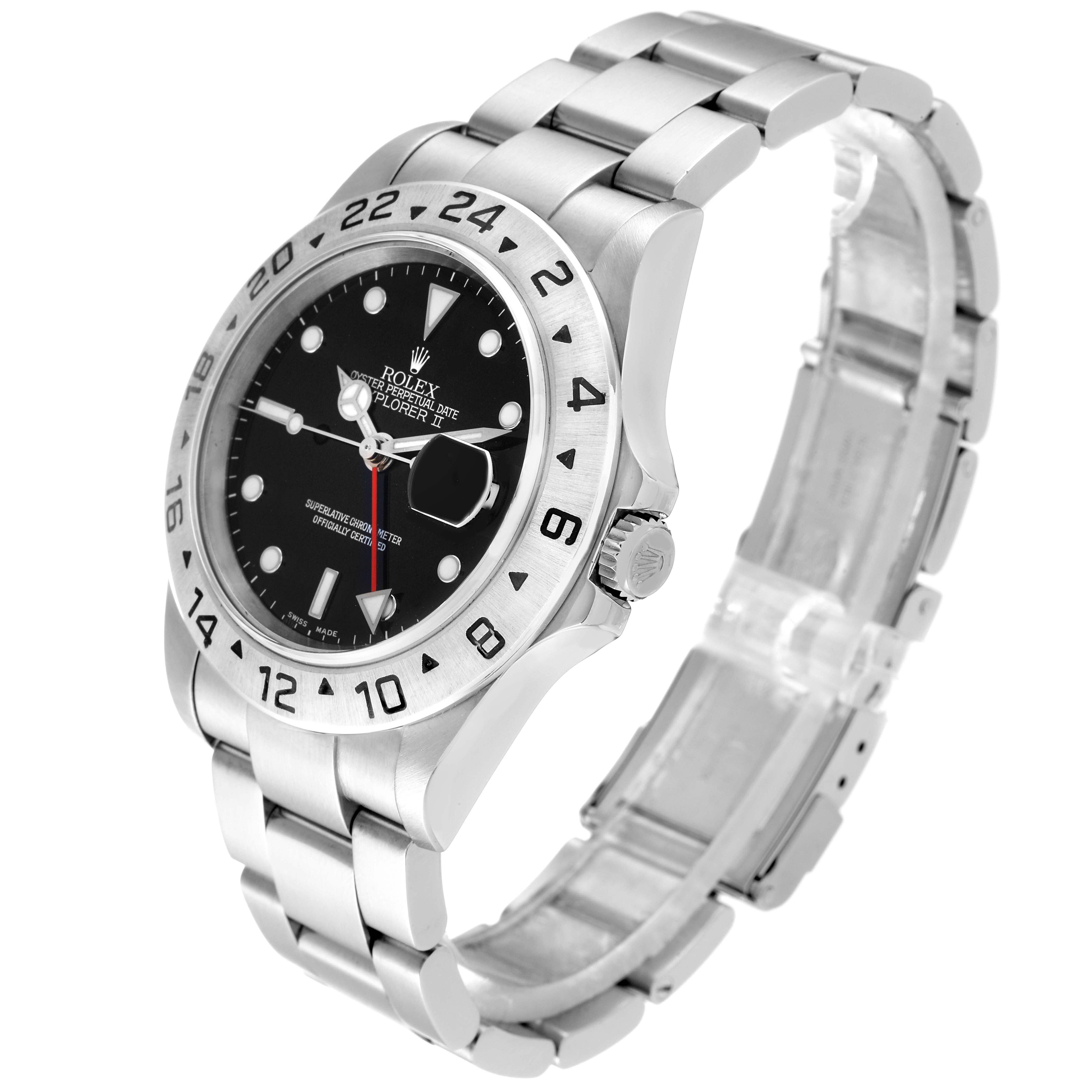 The Rolex Explorer 16570 Men's Stainless Steel Black Dial 16570 Men's Stainless Steel Black Dial watch model is shown at a slight angle, displaying the face, bezel, crown, and part of the stainless steel bracelet.