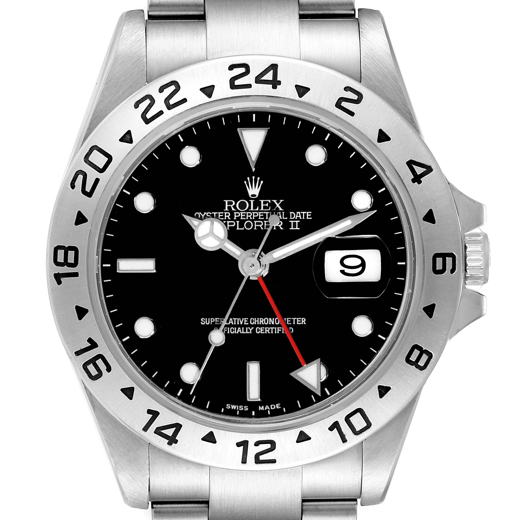 The image shows the face and bezel of a Rolex Explorer 16570 Men's Stainless Steel Black Dial 16570 Men's Stainless Steel Black Dial watch, featuring a black dial, date window, and stainless steel bracelet.