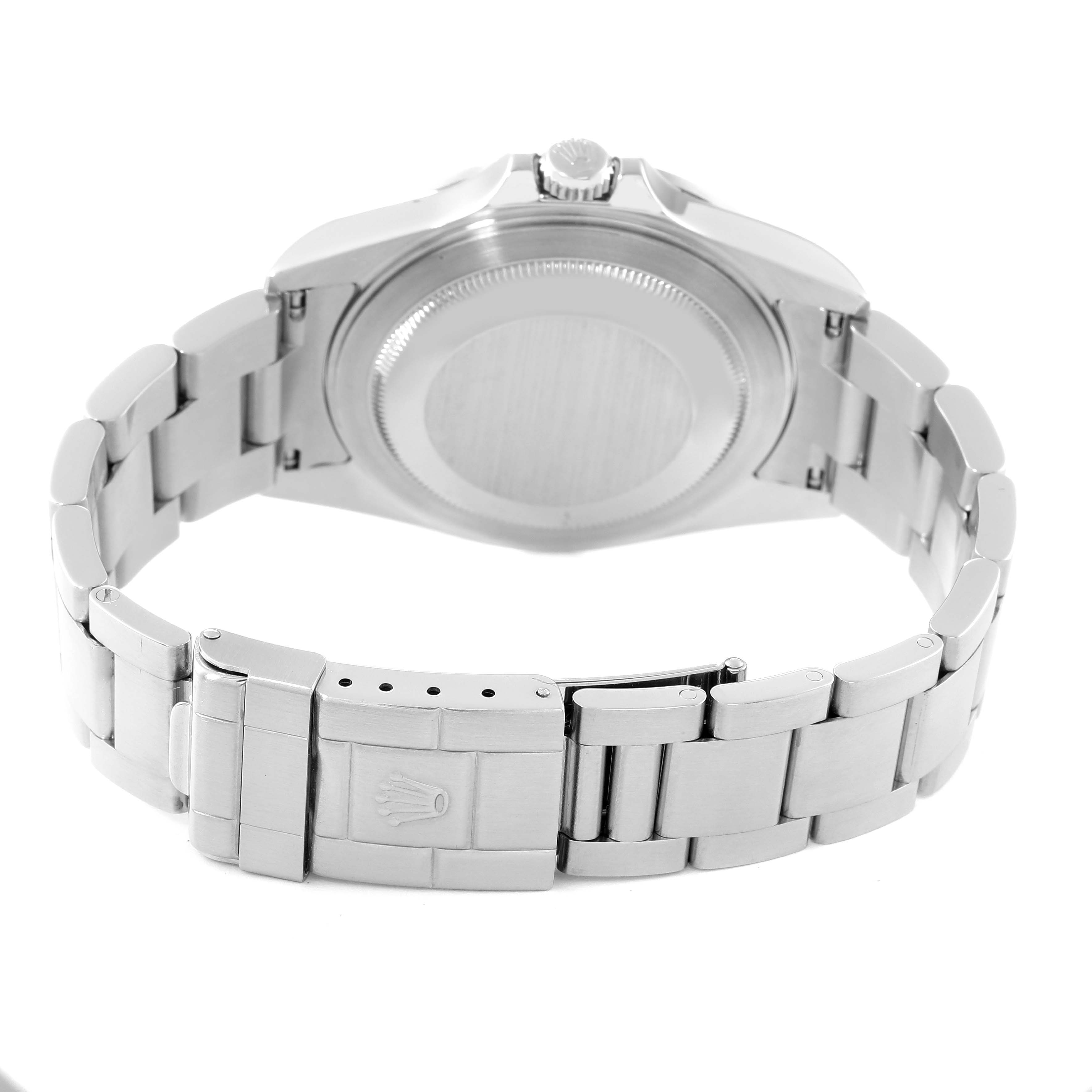 The image shows the back view of the Rolex Explorer 16570 Men's Stainless Steel Black Dial 16570 Men's Stainless Steel Black Dial watch, highlighting the bracelet, clasp, and case back.