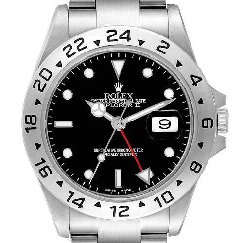 This is a front-view image of a Rolex Explorer II watch, showing the face, bezel, and part of the band.