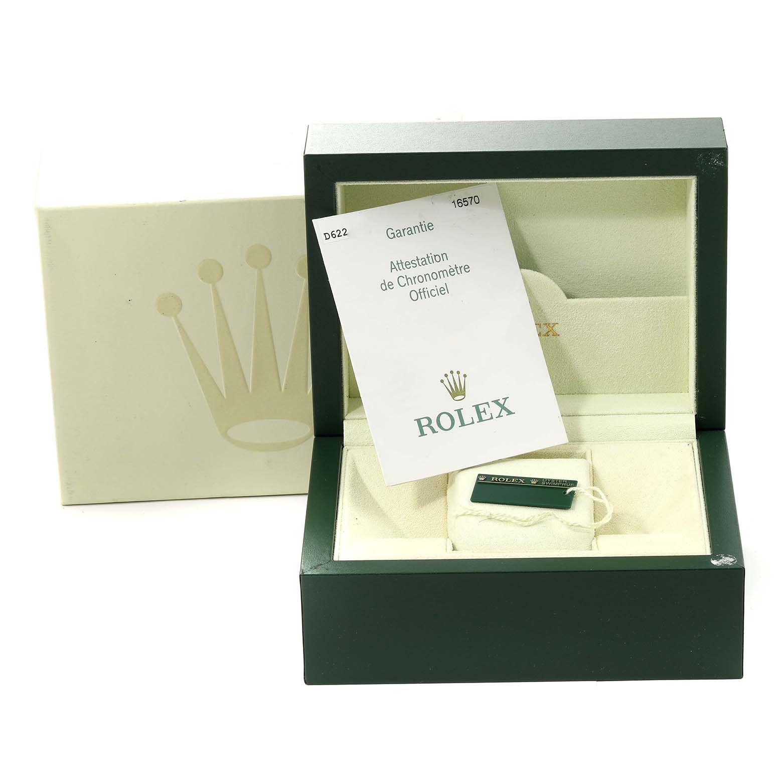 The photo shows the packaging and accessories for a Rolex Explorer 16570 Men's Stainless Steel Black Dial 16570 Men's Stainless Steel Black Dial model, including its official chronometer certification.